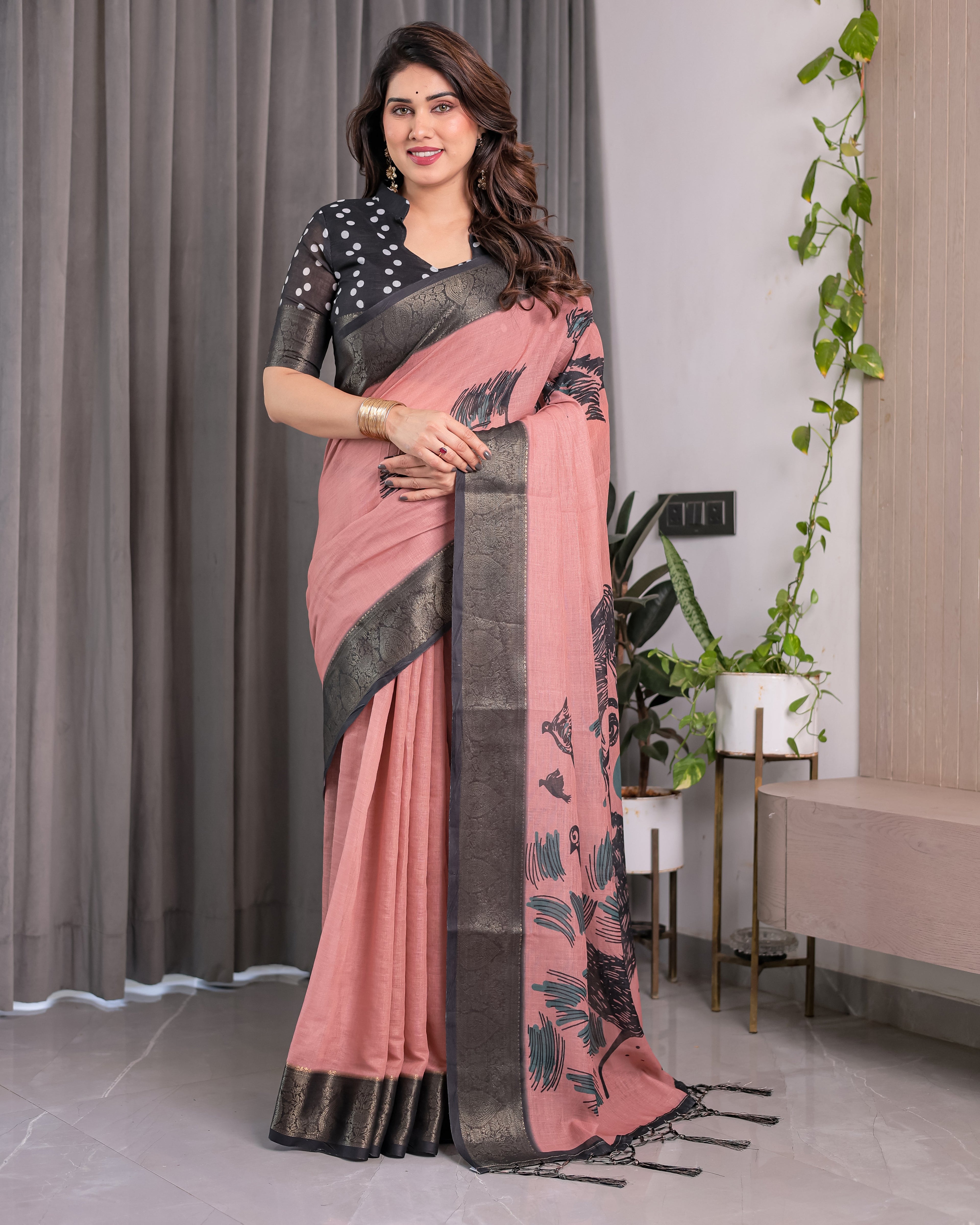 Blush Pink Handloom Linen Saree with Artistic Bearded Face Pallu Print & Black Zari Border | Attached Blouse | 5.5m Saree + 0.8m Blouse