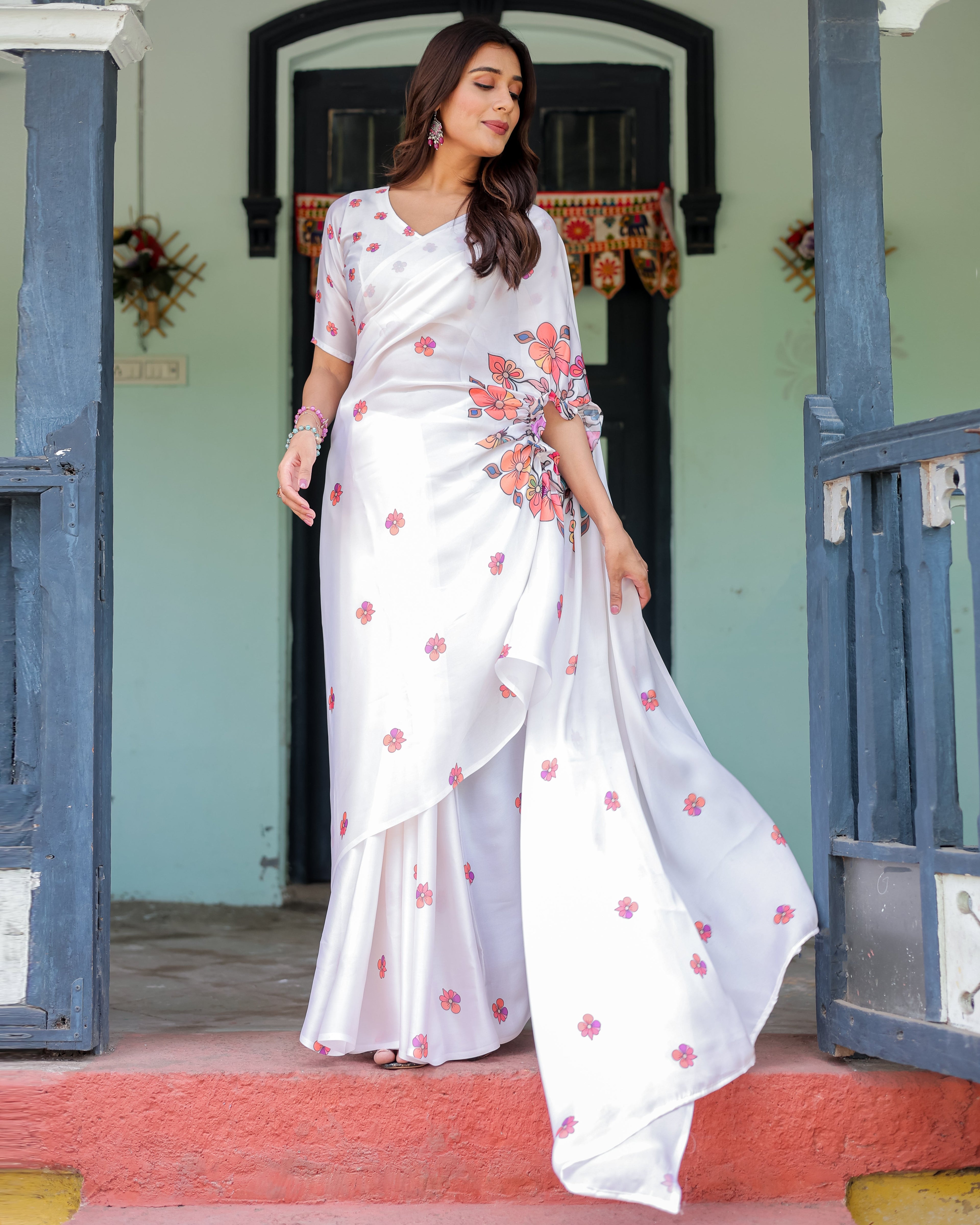 White Satin Georgette Saree with Multicolor Floral Print & Matching Blouse | Handsfree Pallu Loop | Lightweight Designer Saree