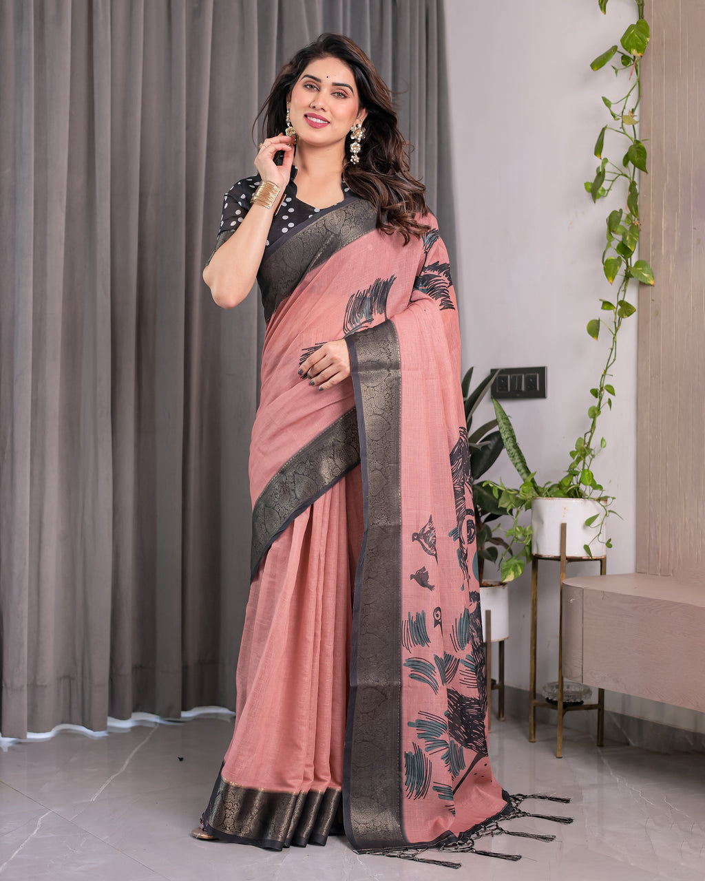 Blush Pink Handloom Linen Saree with Artistic Bearded Face Pallu Print & Black Zari Border | Attached Blouse | 5.5m Saree + 0.8m Blouse