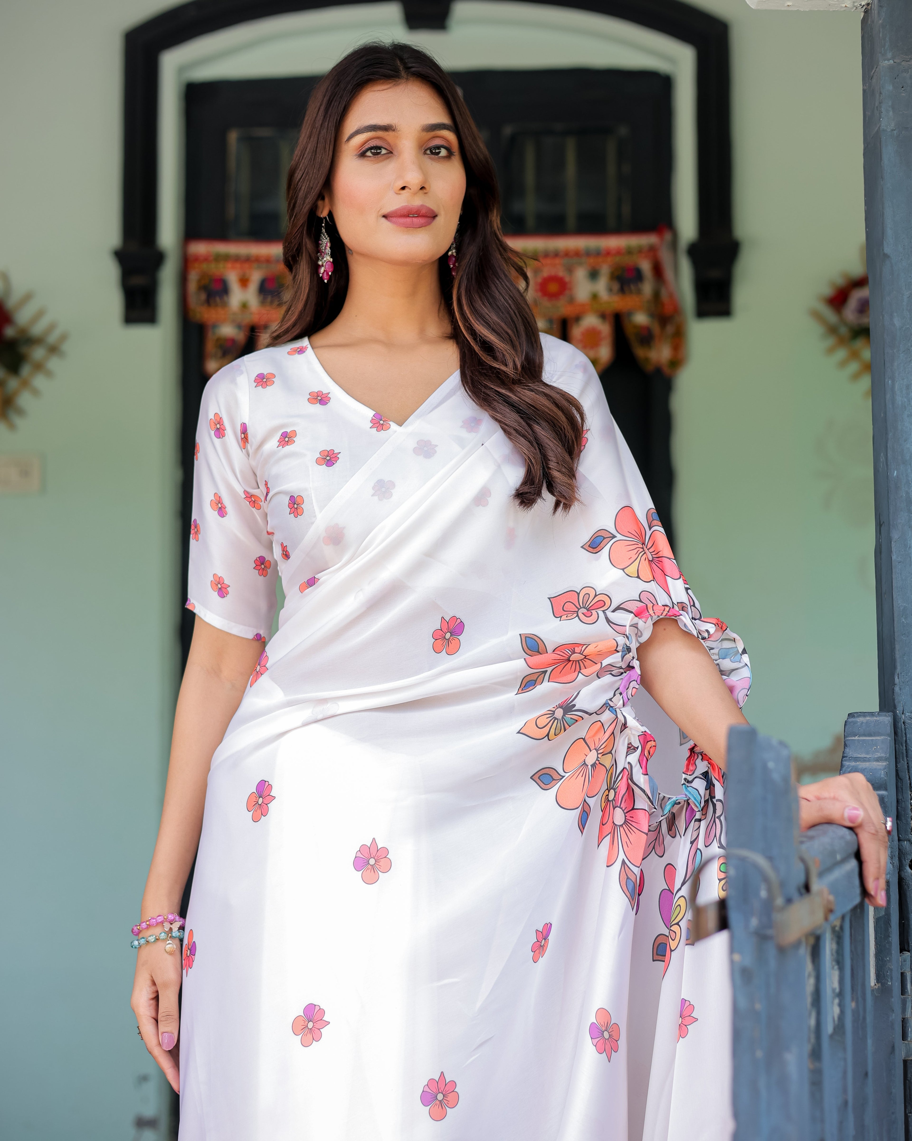 White Satin Georgette Saree with Multicolor Floral Print & Matching Blouse | Handsfree Pallu Loop | Lightweight Designer Saree