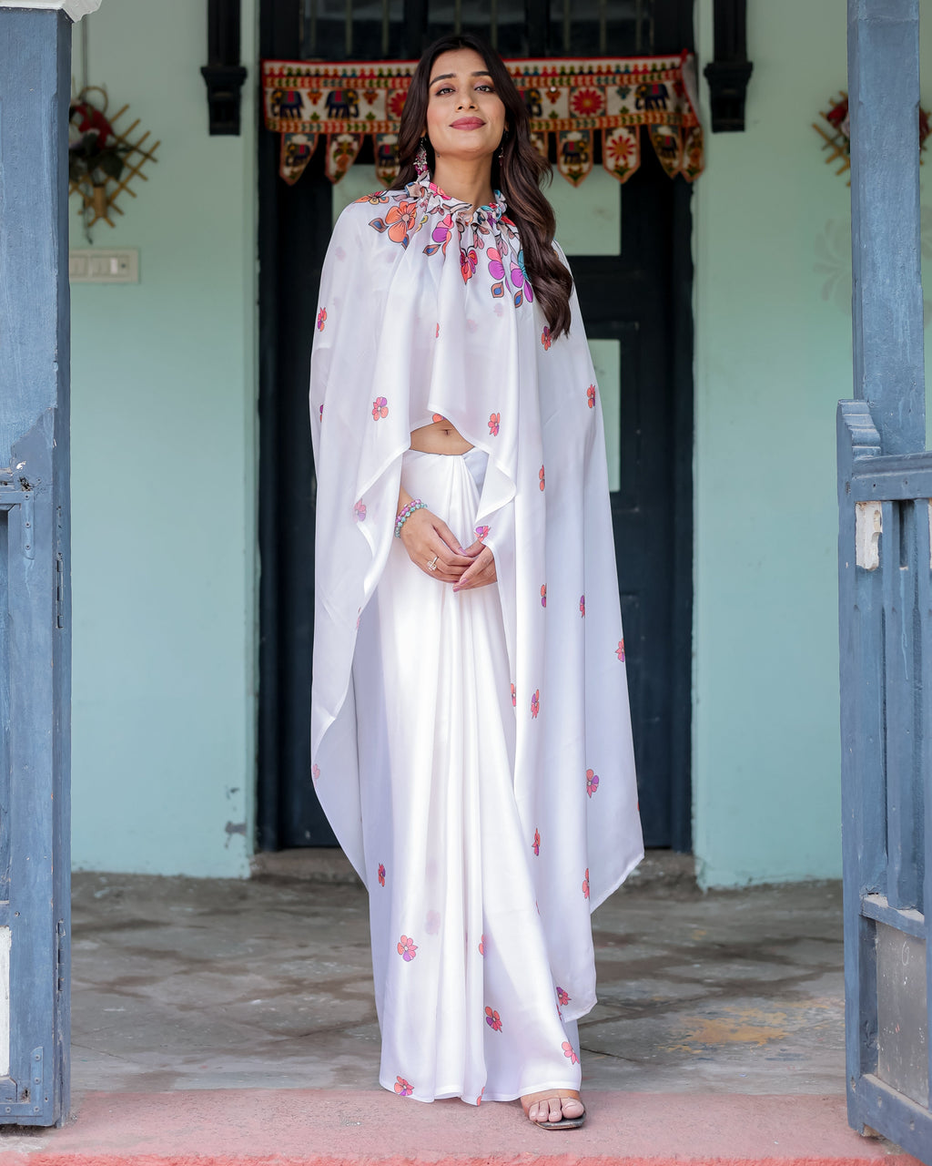 White Satin Georgette Saree with Multicolor Floral Print & Matching Blouse | Handsfree Pallu Loop | Lightweight Designer Saree