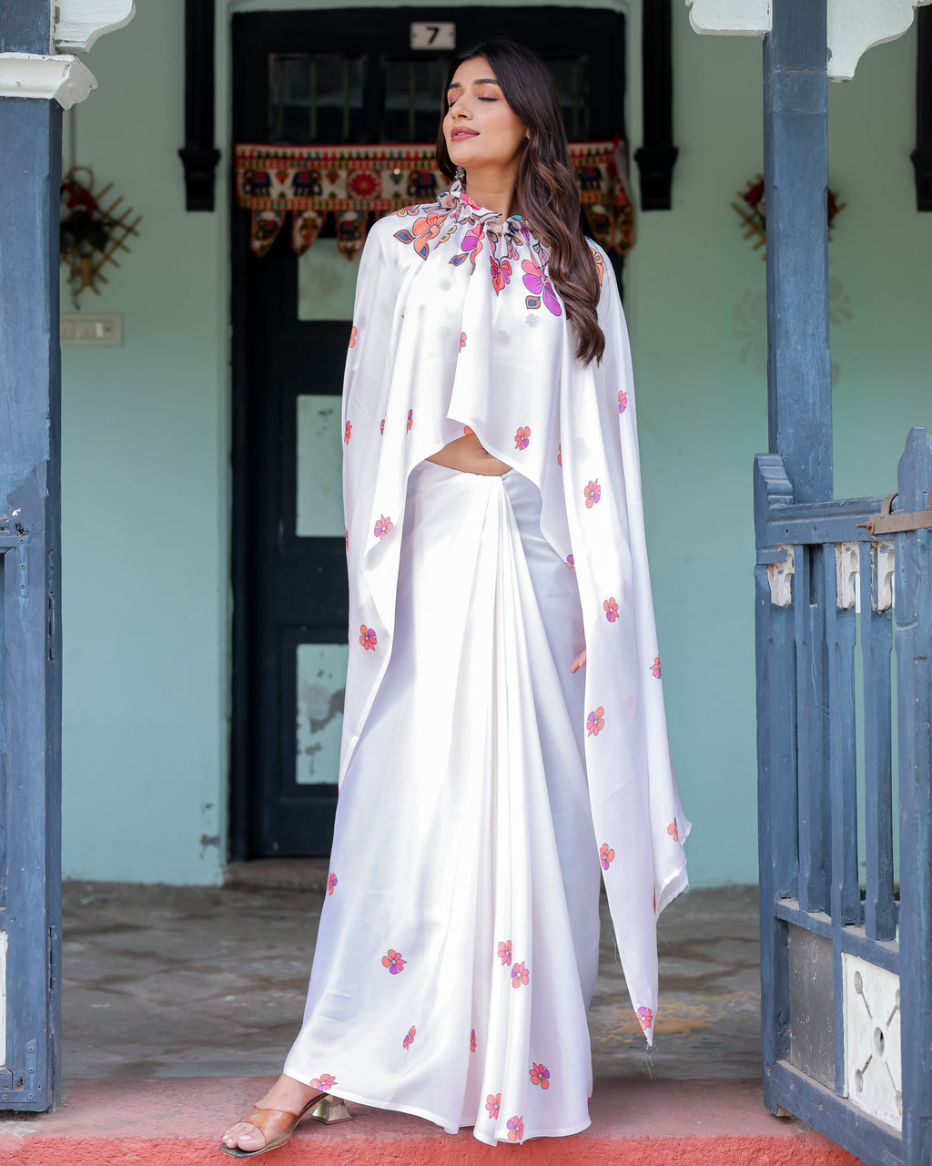 White Satin Georgette Saree with Multicolor Floral Print & Matching Blouse | Handsfree Pallu Loop | Lightweight Designer Saree