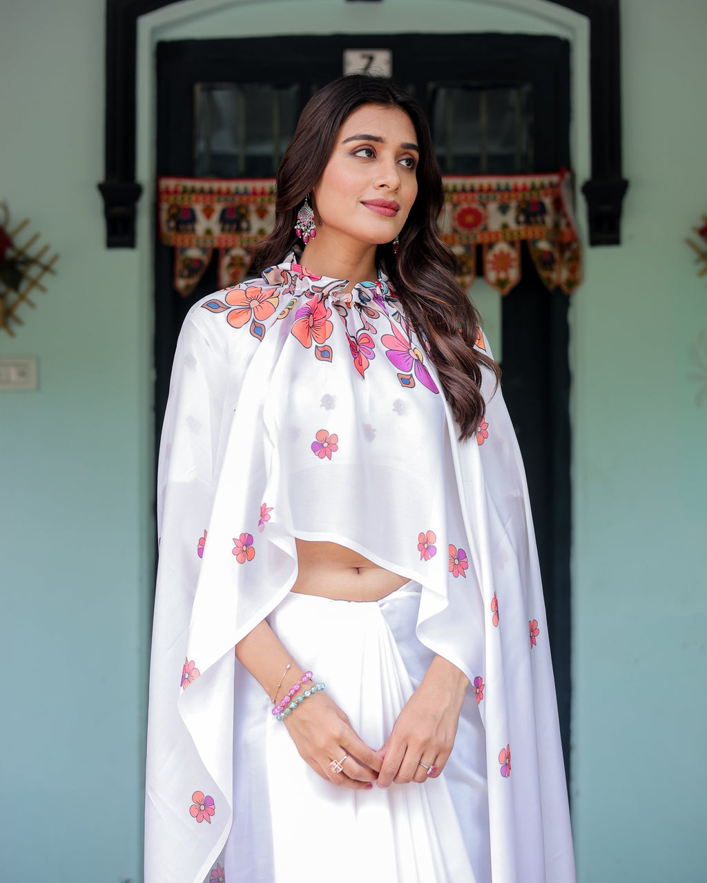 White Satin Georgette Saree with Multicolor Floral Print & Matching Blouse | Handsfree Pallu Loop | Lightweight Designer Saree