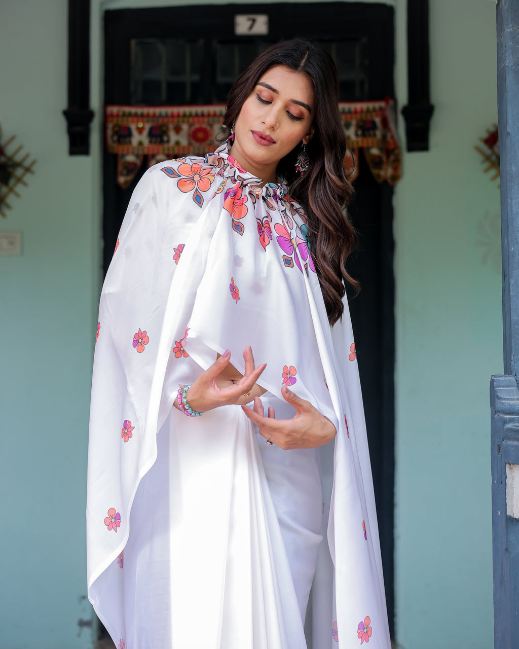 White Satin Georgette Saree with Multicolor Floral Print & Matching Blouse | Handsfree Pallu Loop | Lightweight Designer Saree