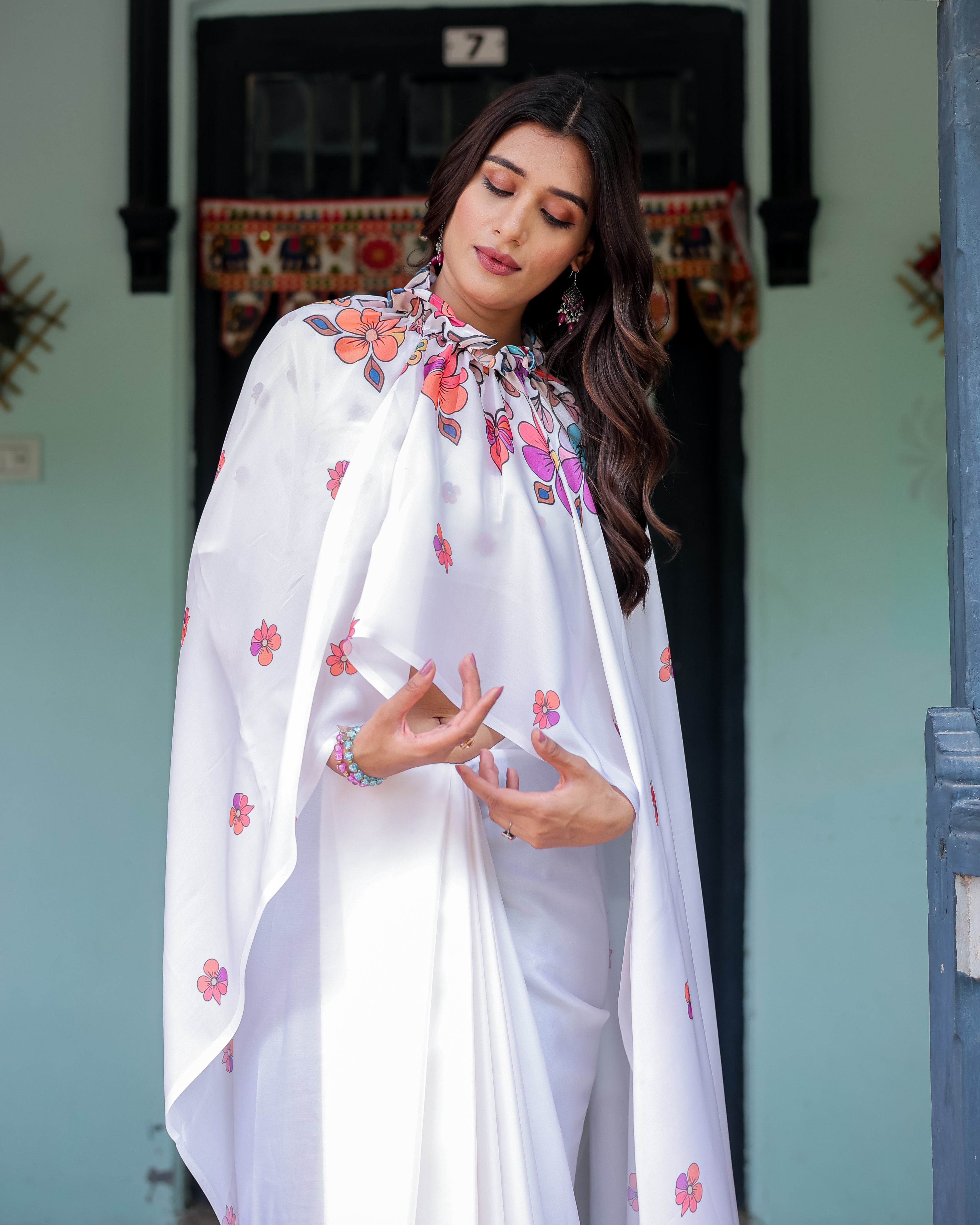 White Satin Georgette Saree with Multicolor Floral Print & Matching Blouse | Handsfree Pallu Loop | Lightweight Designer Saree