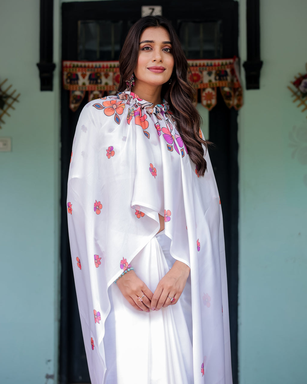 White Satin Georgette Saree with Multicolor Floral Print & Matching Blouse | Handsfree Pallu Loop | Lightweight Designer Saree