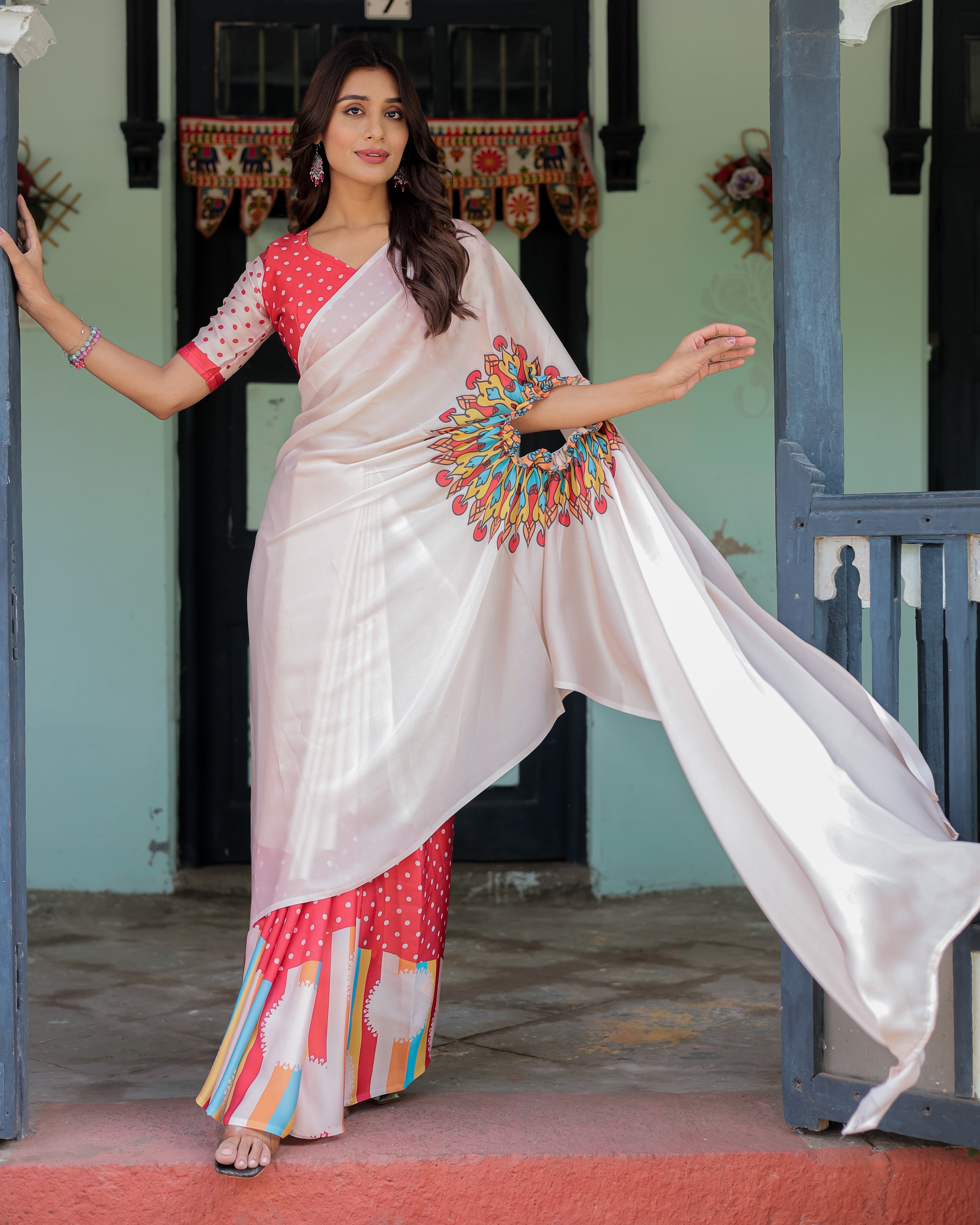 Beige Pink Satin Georgette Saree with Multicolor Flame Mandala Pallu & Red Polka Dot Blouse | Handsfree Pallu Loop Design