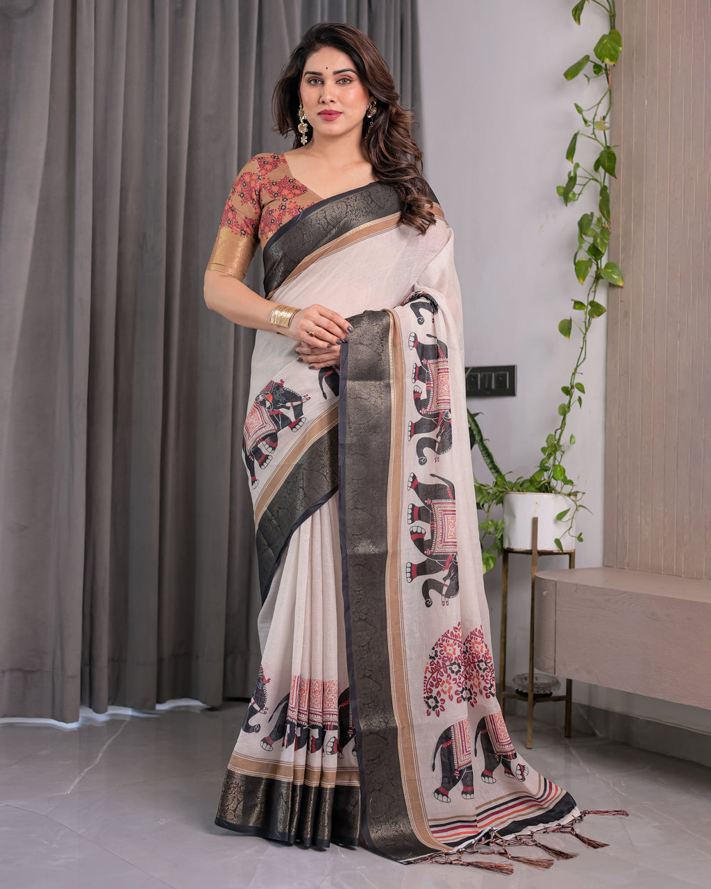 Ivory Handloom Linen Saree with Elephant Parade Print, Tree Motifs & Antique Zari Border | Tassel Finish | Attached Blouse | 5.5m Saree + 0.8m Blouse