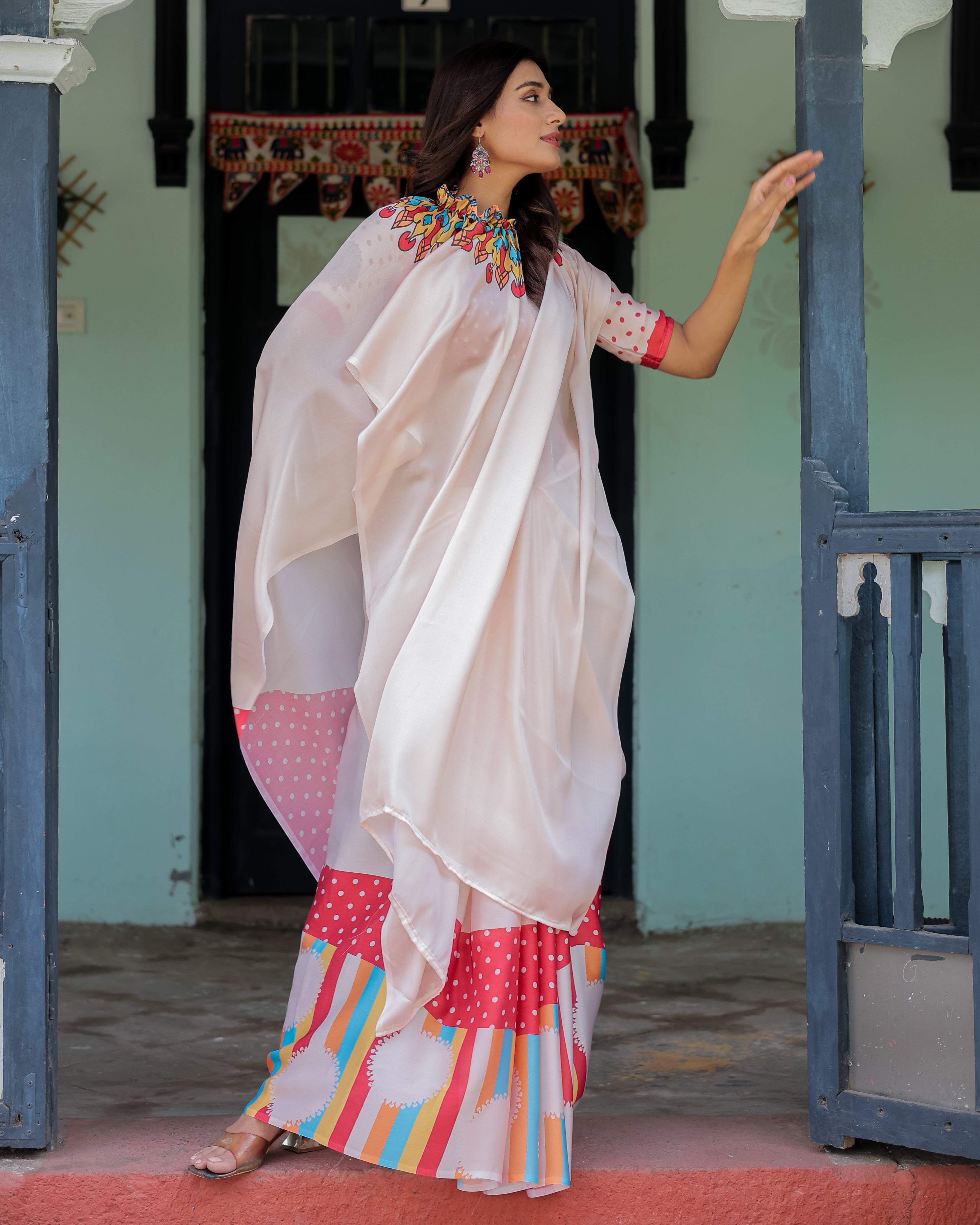 Beige Pink Satin Georgette Saree with Multicolor Flame Mandala Pallu & Red Polka Dot Blouse | Handsfree Pallu Loop Design