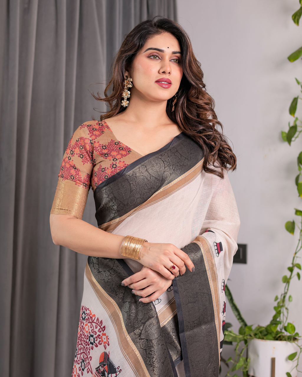 Ivory Handloom Linen Saree with Elephant Parade Print, Tree Motifs & Antique Zari Border | Tassel Finish | Attached Blouse | 5.5m Saree + 0.8m Blouse