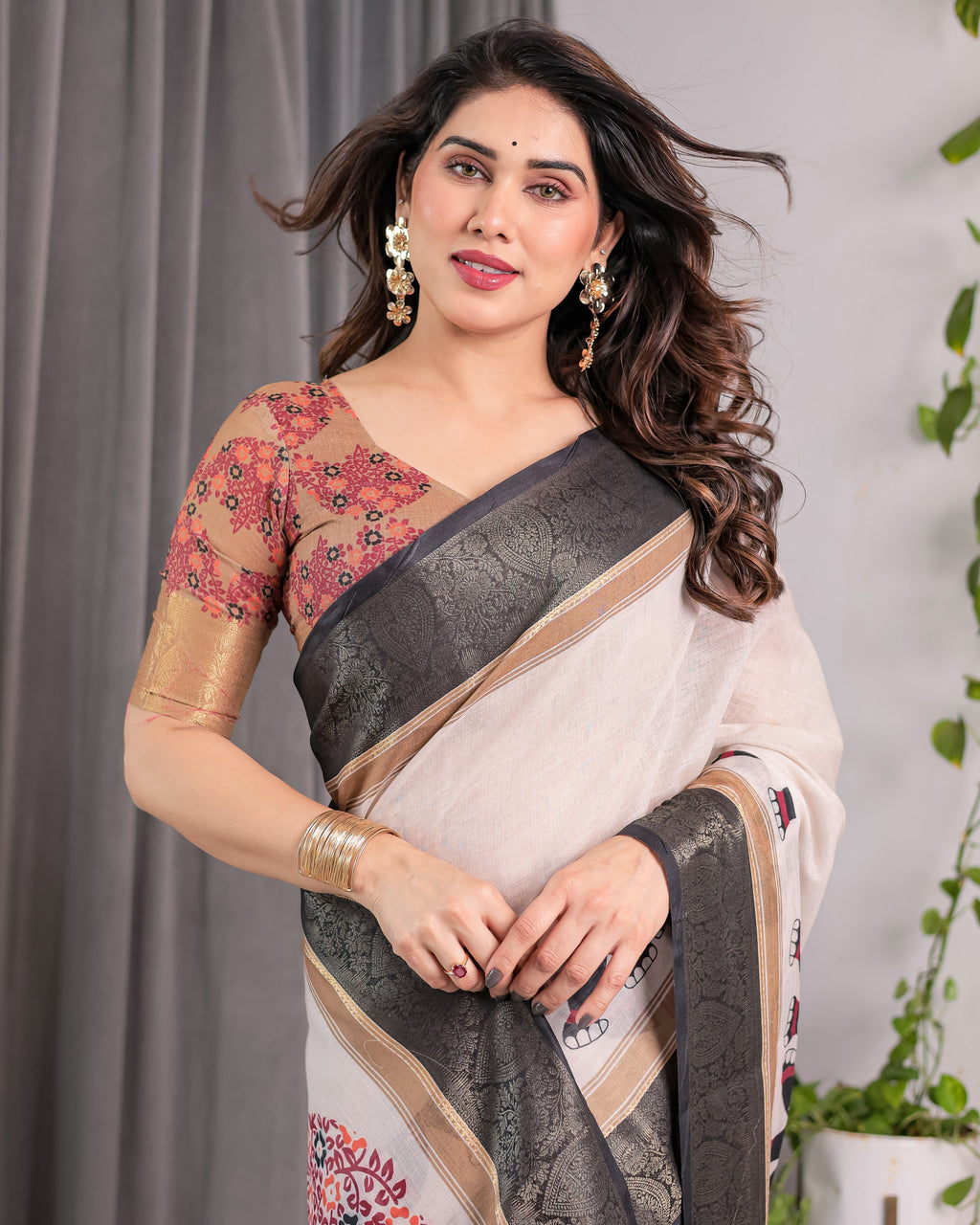 Ivory Handloom Linen Saree with Elephant Parade Print, Tree Motifs & Antique Zari Border | Tassel Finish | Attached Blouse | 5.5m Saree + 0.8m Blouse