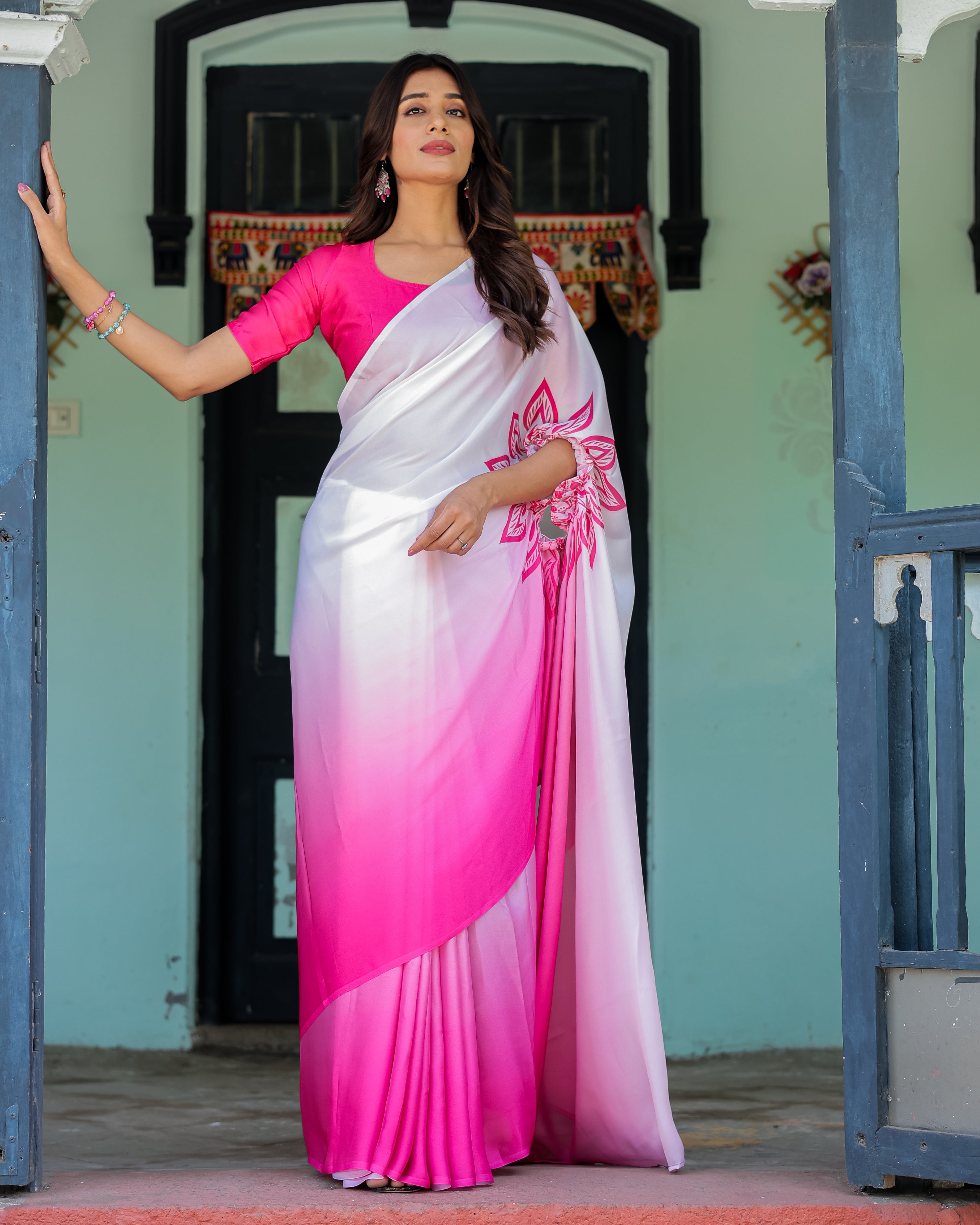 White & Pink Ombre Satin Georgette Saree with Bold Leaf Mandala Pallu & Hot Pink Blouse | Handsfree Pallu Loop