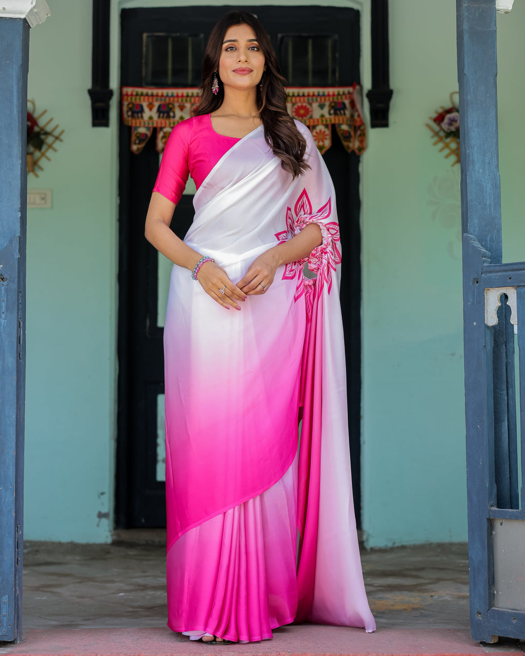 White & Pink Ombre Satin Georgette Saree with Bold Leaf Mandala Pallu & Hot Pink Blouse | Handsfree Pallu Loop