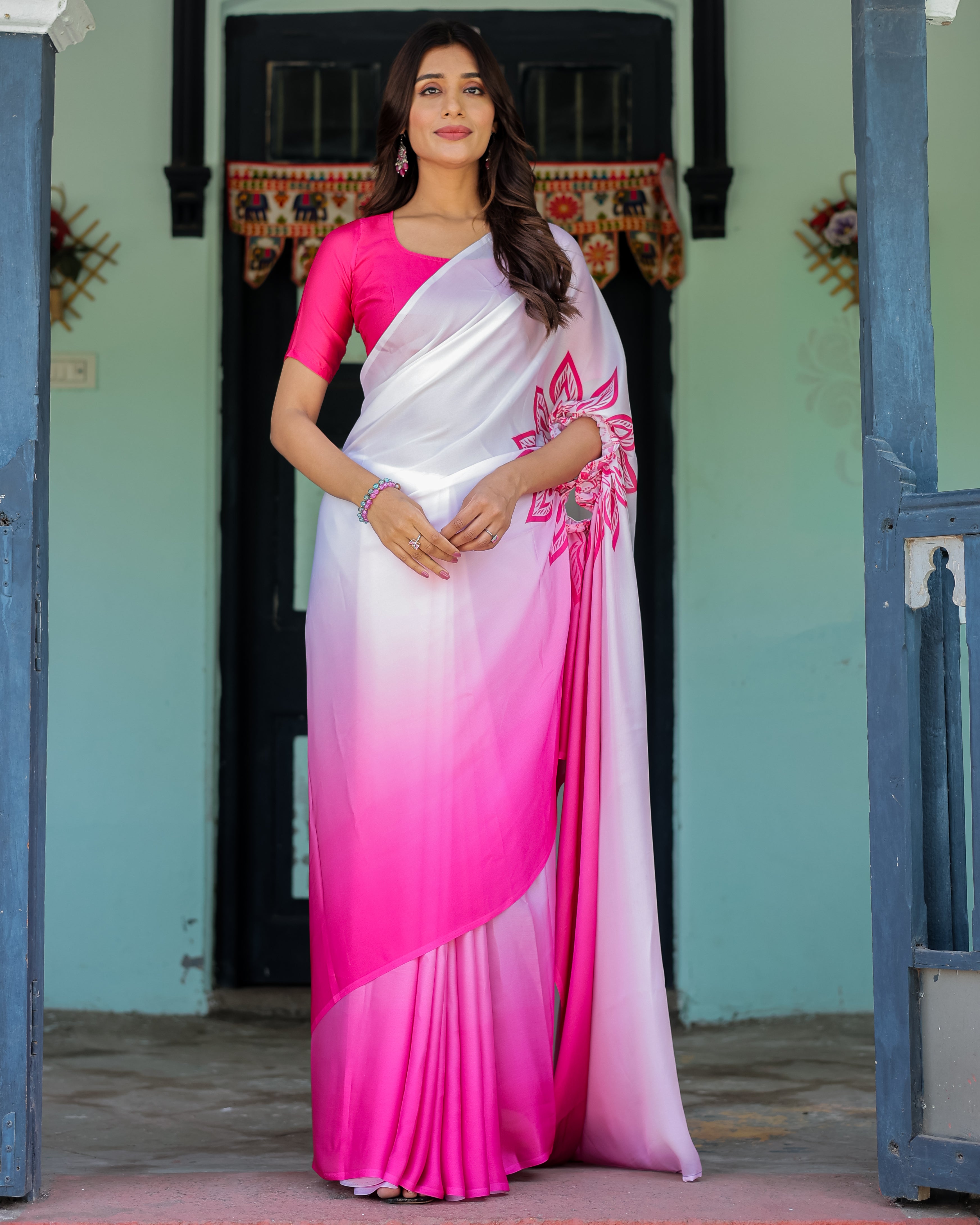 White & Pink Ombre Satin Georgette Saree with Bold Leaf Mandala Pallu & Hot Pink Blouse | Handsfree Pallu Loop