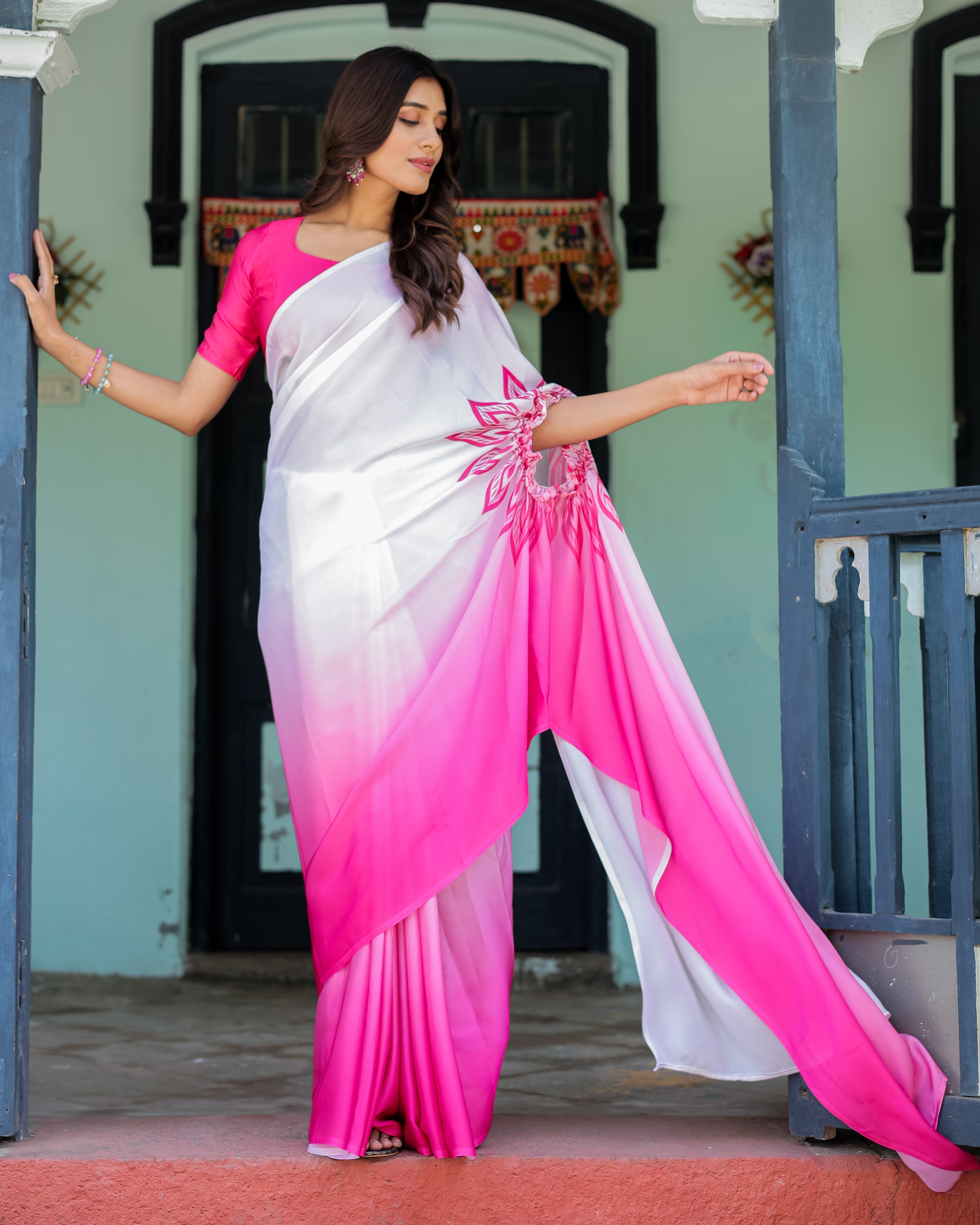 White & Pink Ombre Satin Georgette Saree with Bold Leaf Mandala Pallu & Hot Pink Blouse | Handsfree Pallu Loop