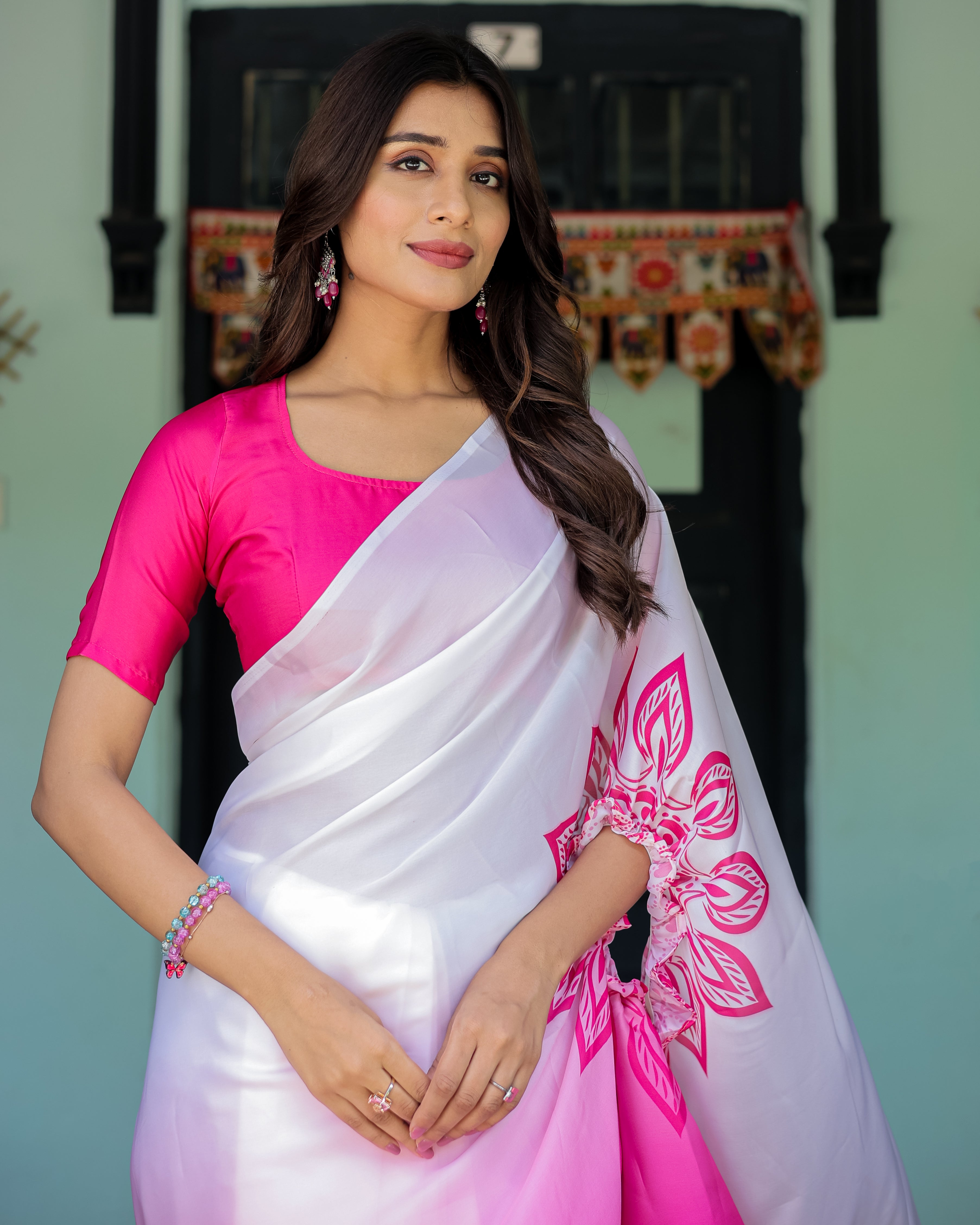 White & Pink Ombre Satin Georgette Saree with Bold Leaf Mandala Pallu & Hot Pink Blouse | Handsfree Pallu Loop