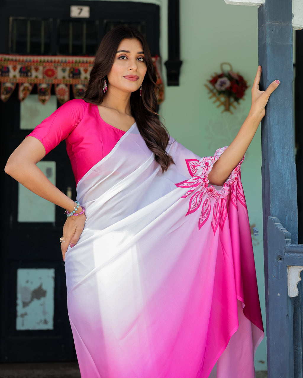 White & Pink Ombre Satin Georgette Saree with Bold Leaf Mandala Pallu & Hot Pink Blouse | Handsfree Pallu Loop