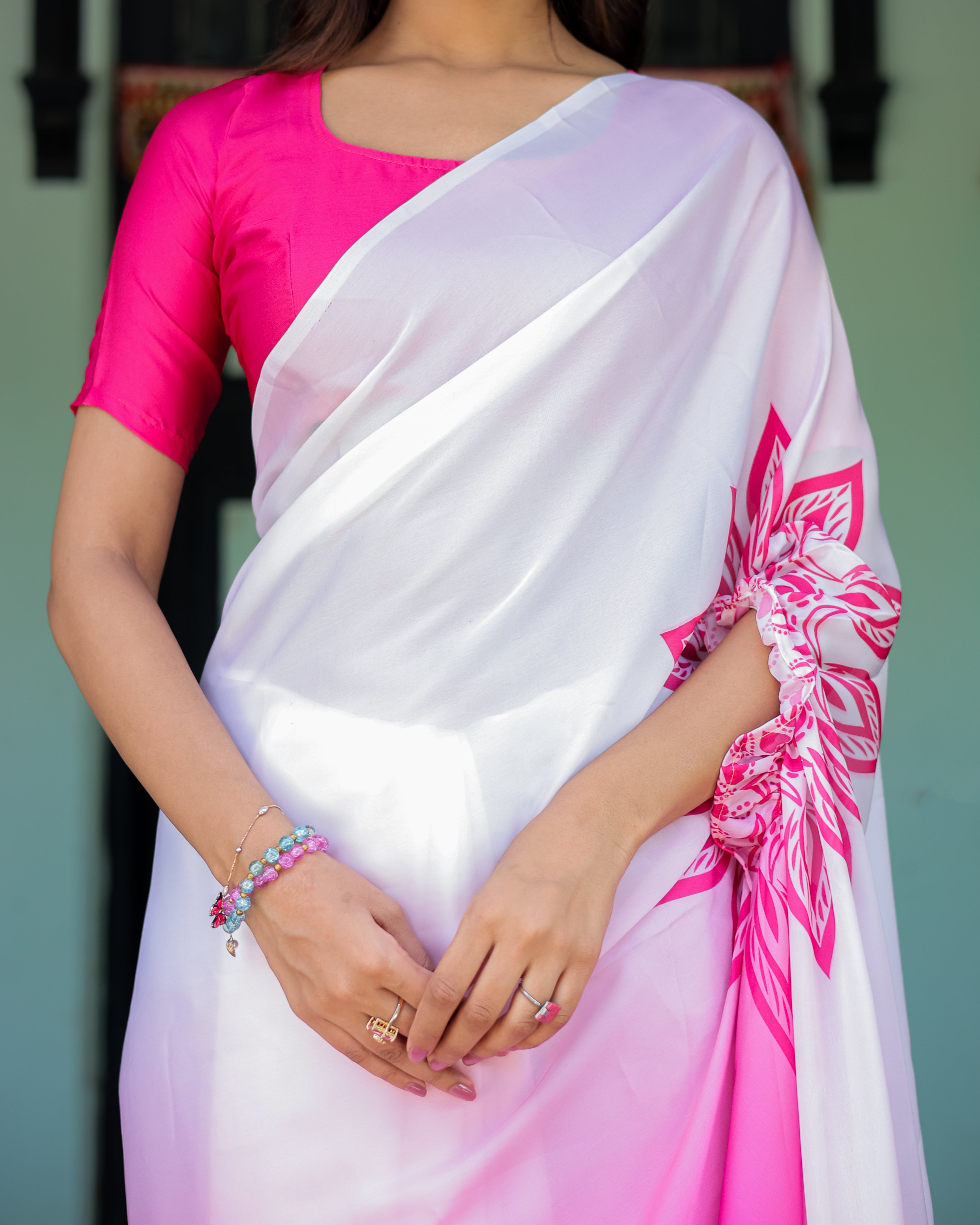 White & Pink Ombre Satin Georgette Saree with Bold Leaf Mandala Pallu & Hot Pink Blouse | Handsfree Pallu Loop