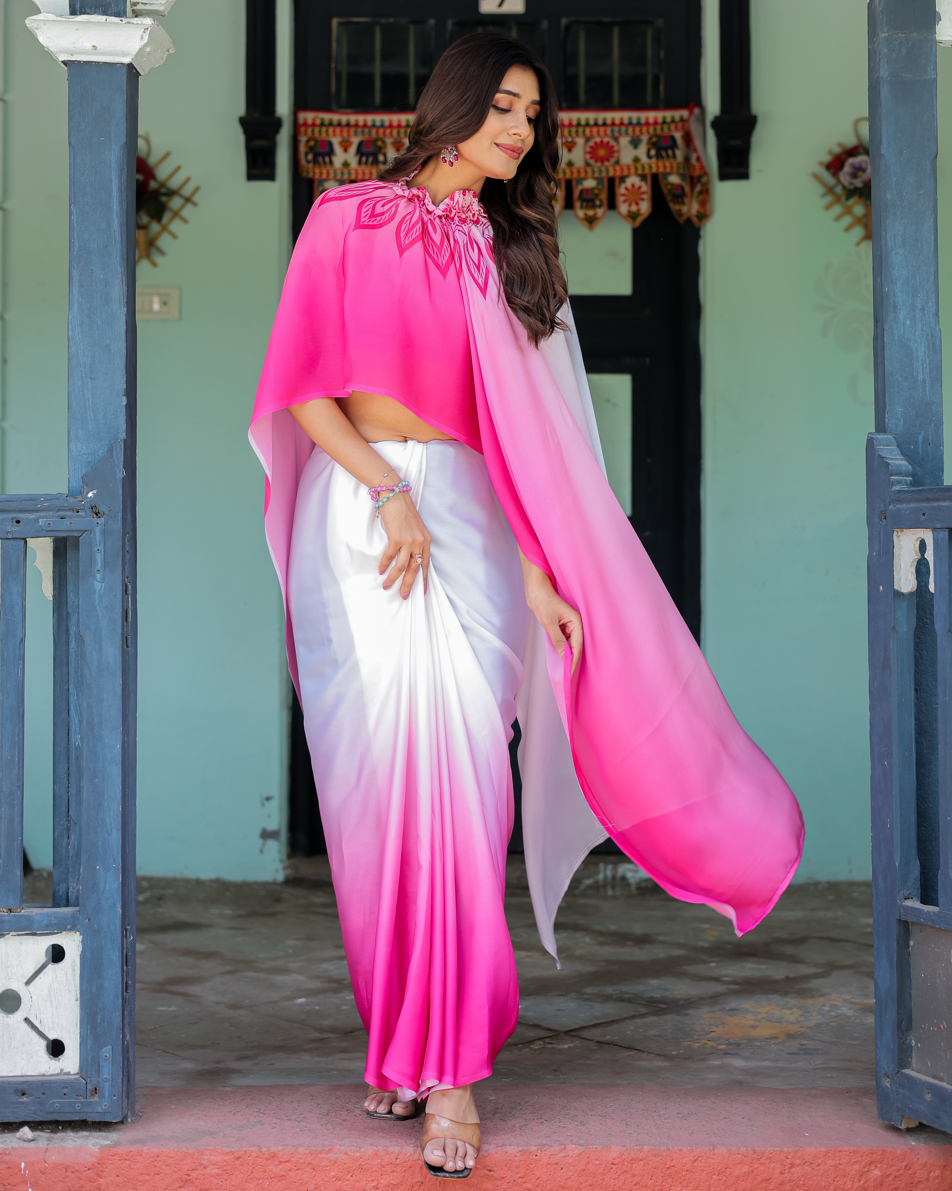 White & Pink Ombre Satin Georgette Saree with Bold Leaf Mandala Pallu & Hot Pink Blouse | Handsfree Pallu Loop