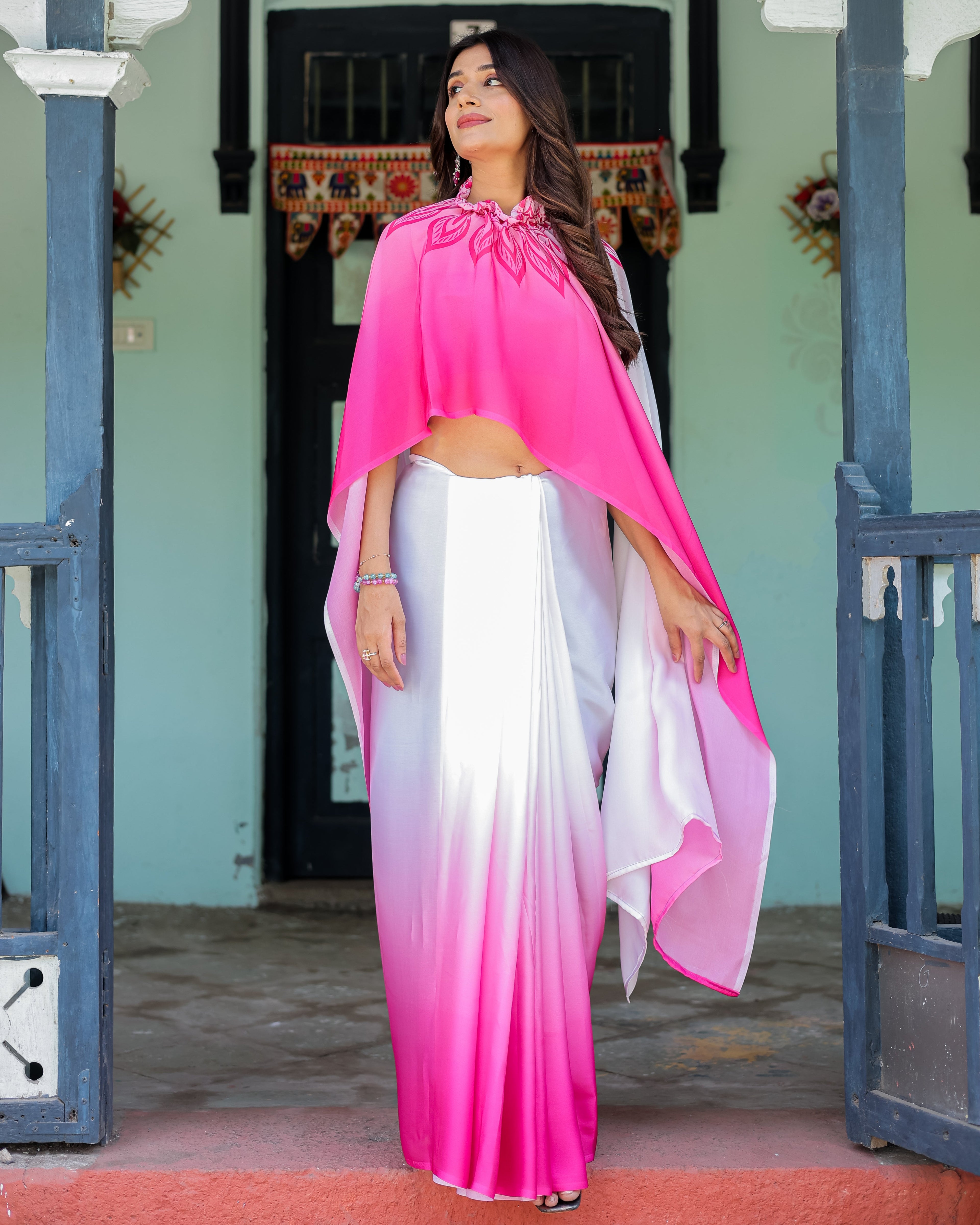 White & Pink Ombre Satin Georgette Saree with Bold Leaf Mandala Pallu & Hot Pink Blouse | Handsfree Pallu Loop