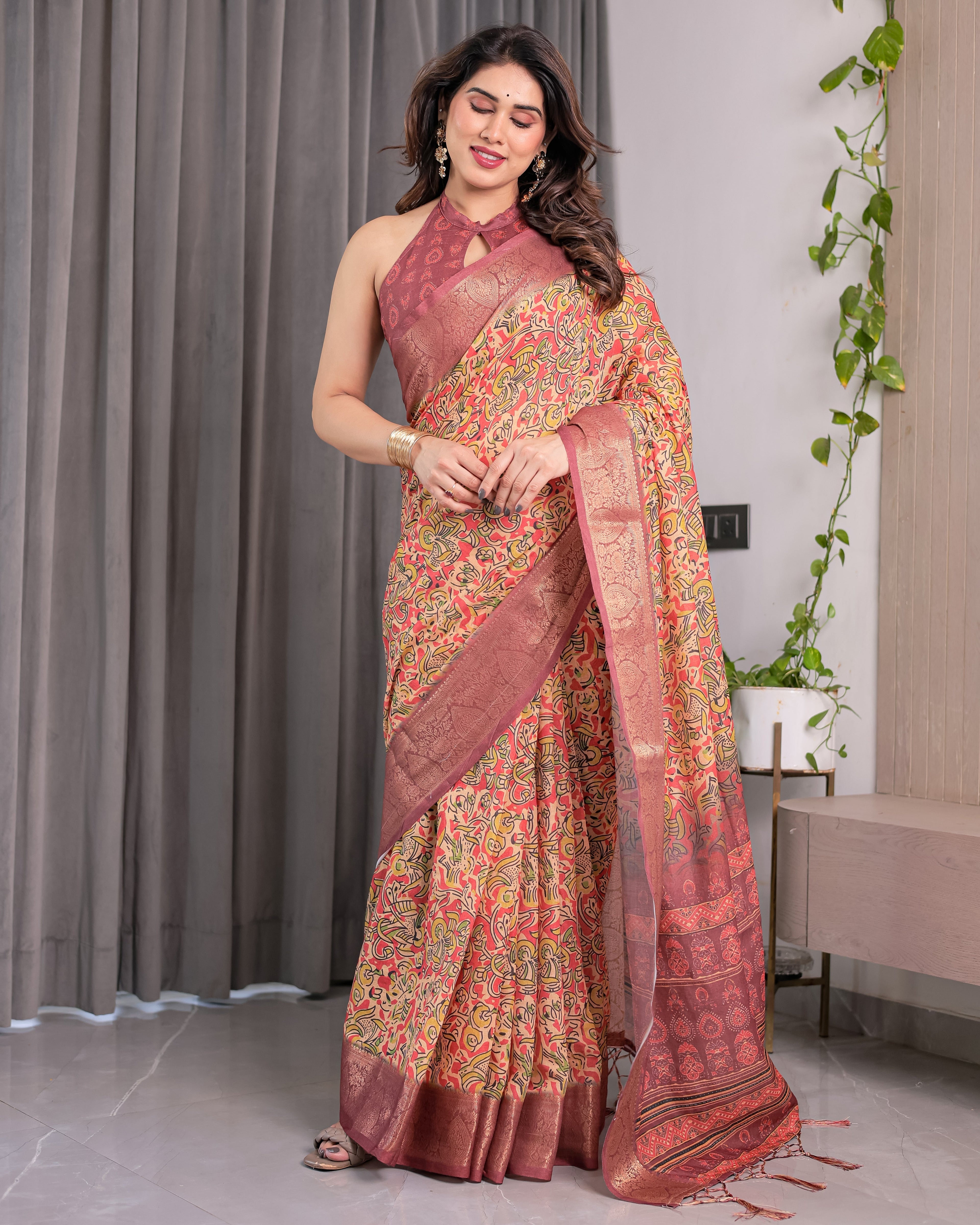 Multicolor Paisley Print Handloom Linen Saree with Traditional Rust Red Pallu & Gold Zari Border | Tassel Edging | Attached Blouse | 5.5m Saree + 0.8m Blouse