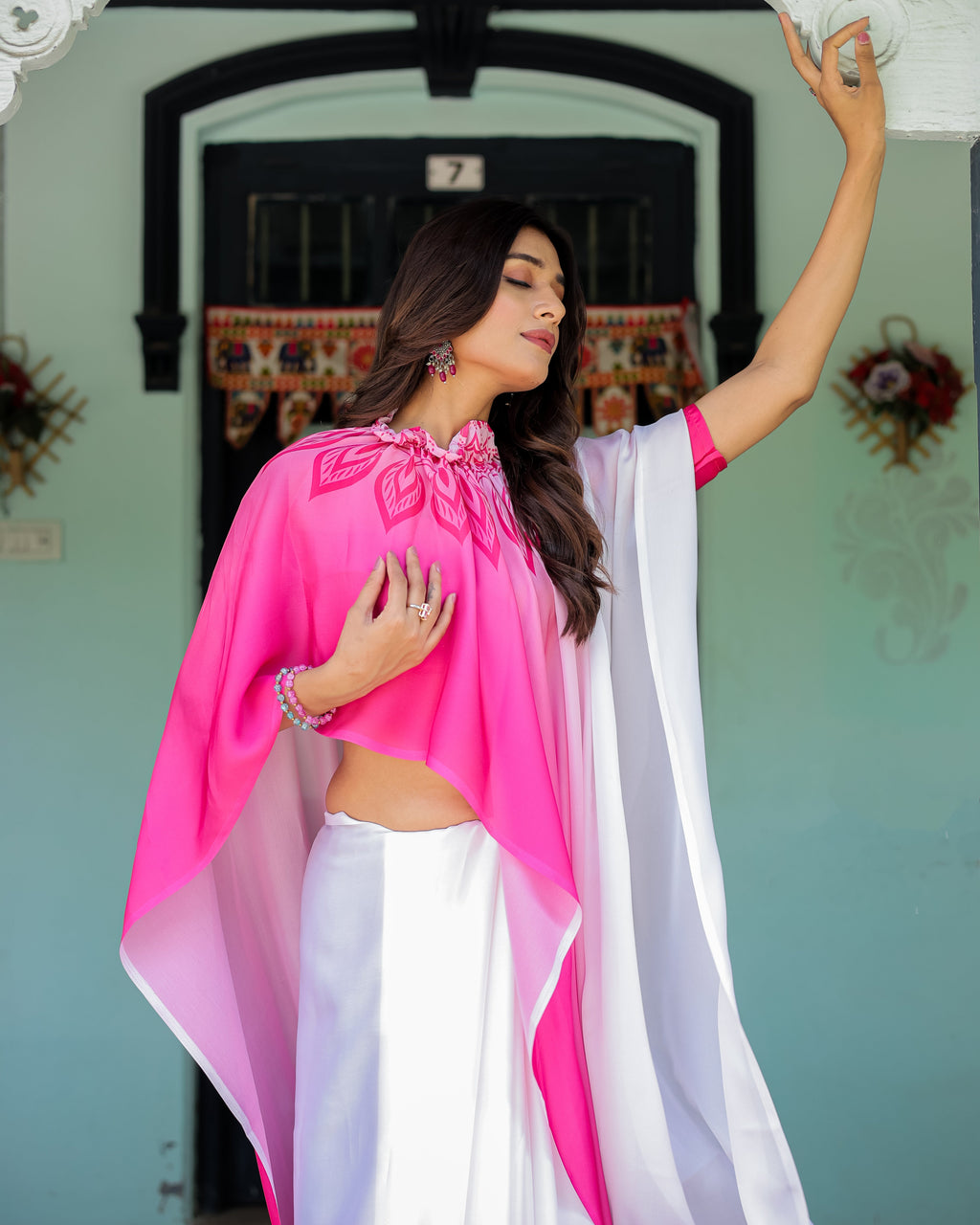 White & Pink Ombre Satin Georgette Saree with Bold Leaf Mandala Pallu & Hot Pink Blouse | Handsfree Pallu Loop