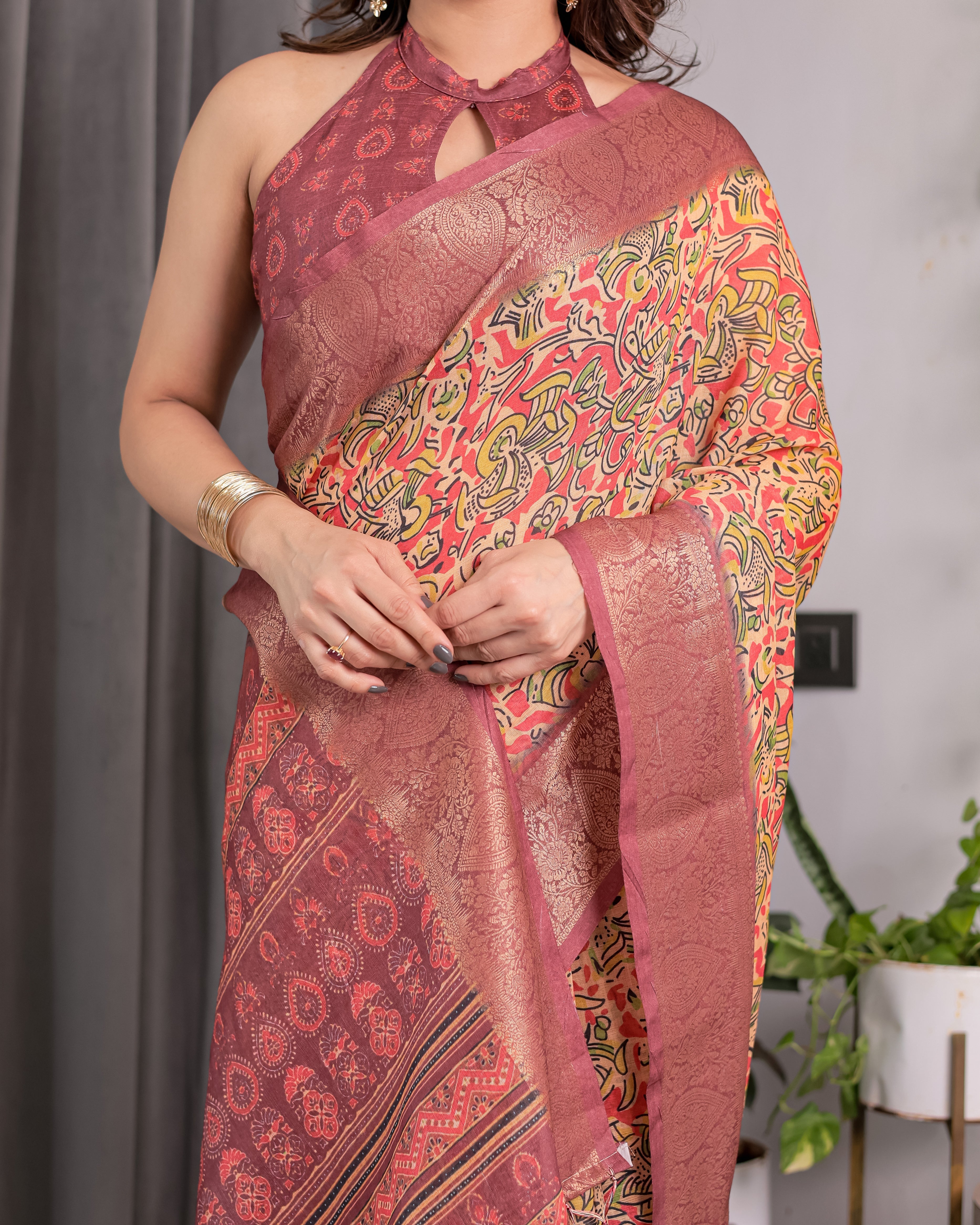 Multicolor Paisley Print Handloom Linen Saree with Traditional Rust Red Pallu & Gold Zari Border | Tassel Edging | Attached Blouse | 5.5m Saree + 0.8m Blouse