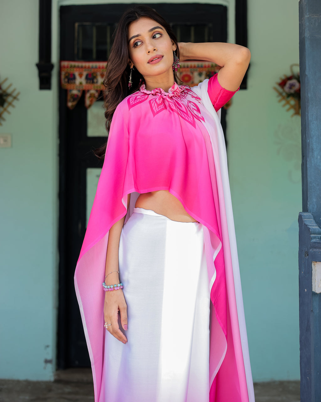 White & Pink Ombre Satin Georgette Saree with Bold Leaf Mandala Pallu & Hot Pink Blouse | Handsfree Pallu Loop