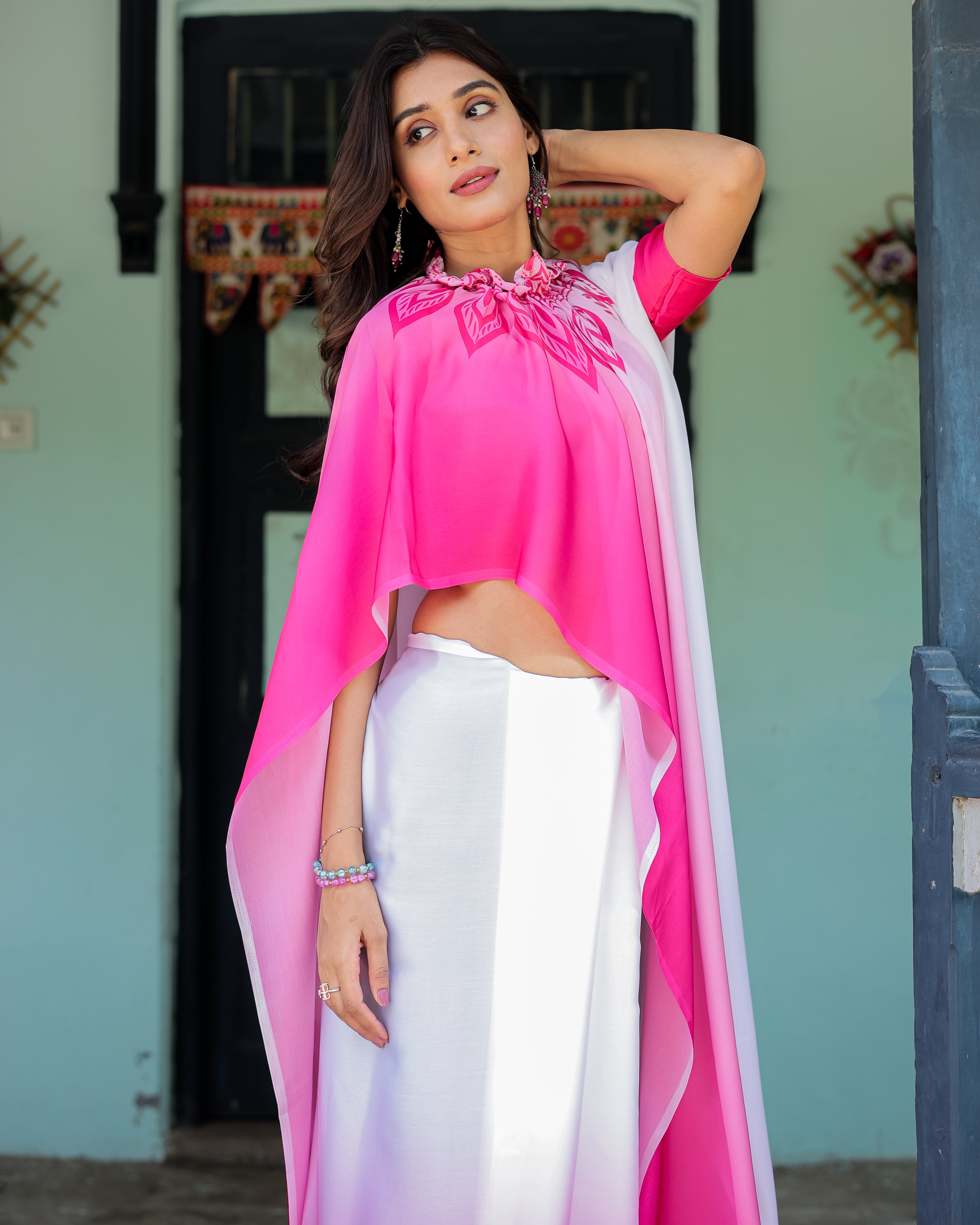 White & Pink Ombre Satin Georgette Saree with Bold Leaf Mandala Pallu & Hot Pink Blouse | Handsfree Pallu Loop