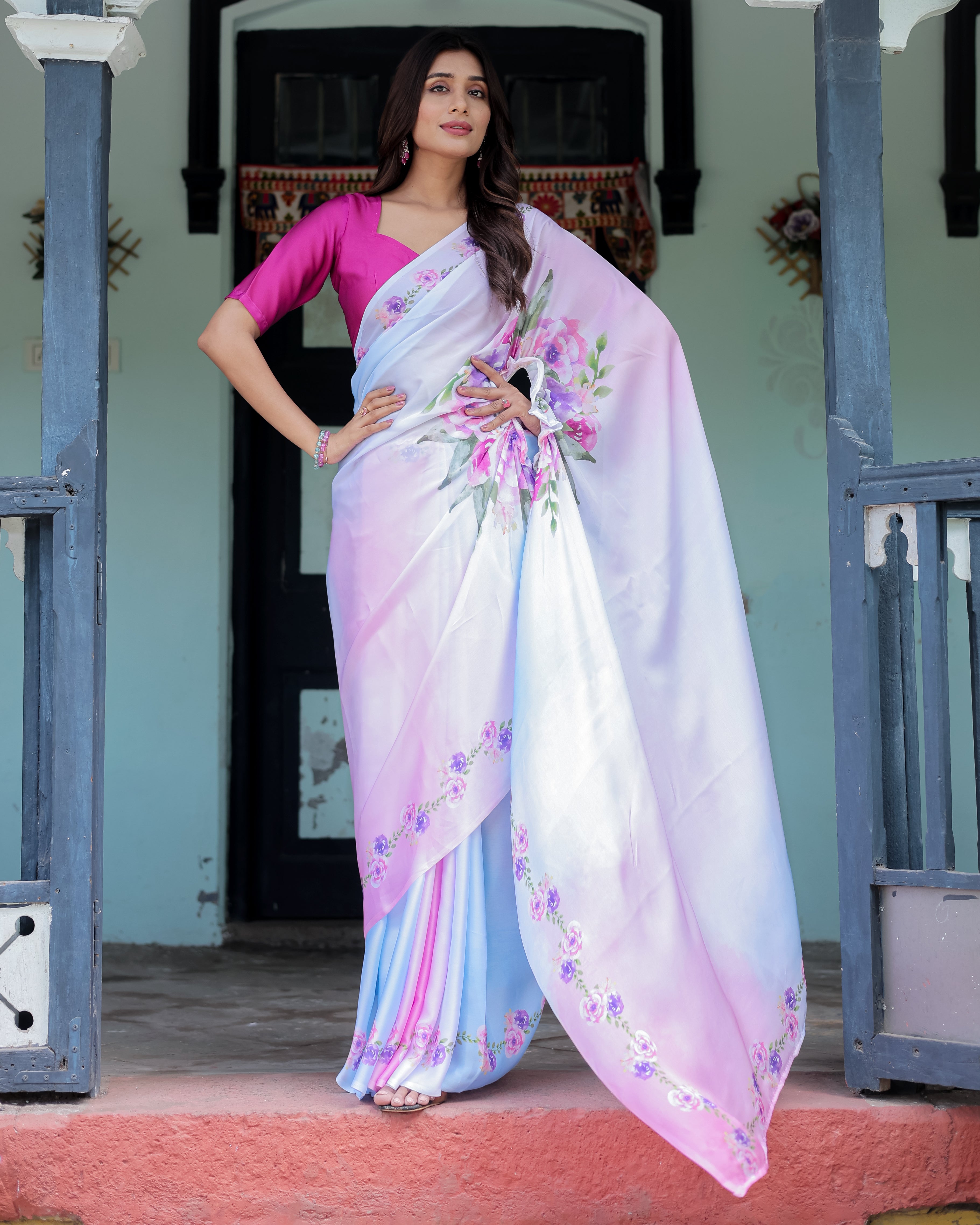 Pastel White Satin Georgette Saree with Purple Rose Floral Print & Rani Pink Blouse | Handsfree Pallu Design