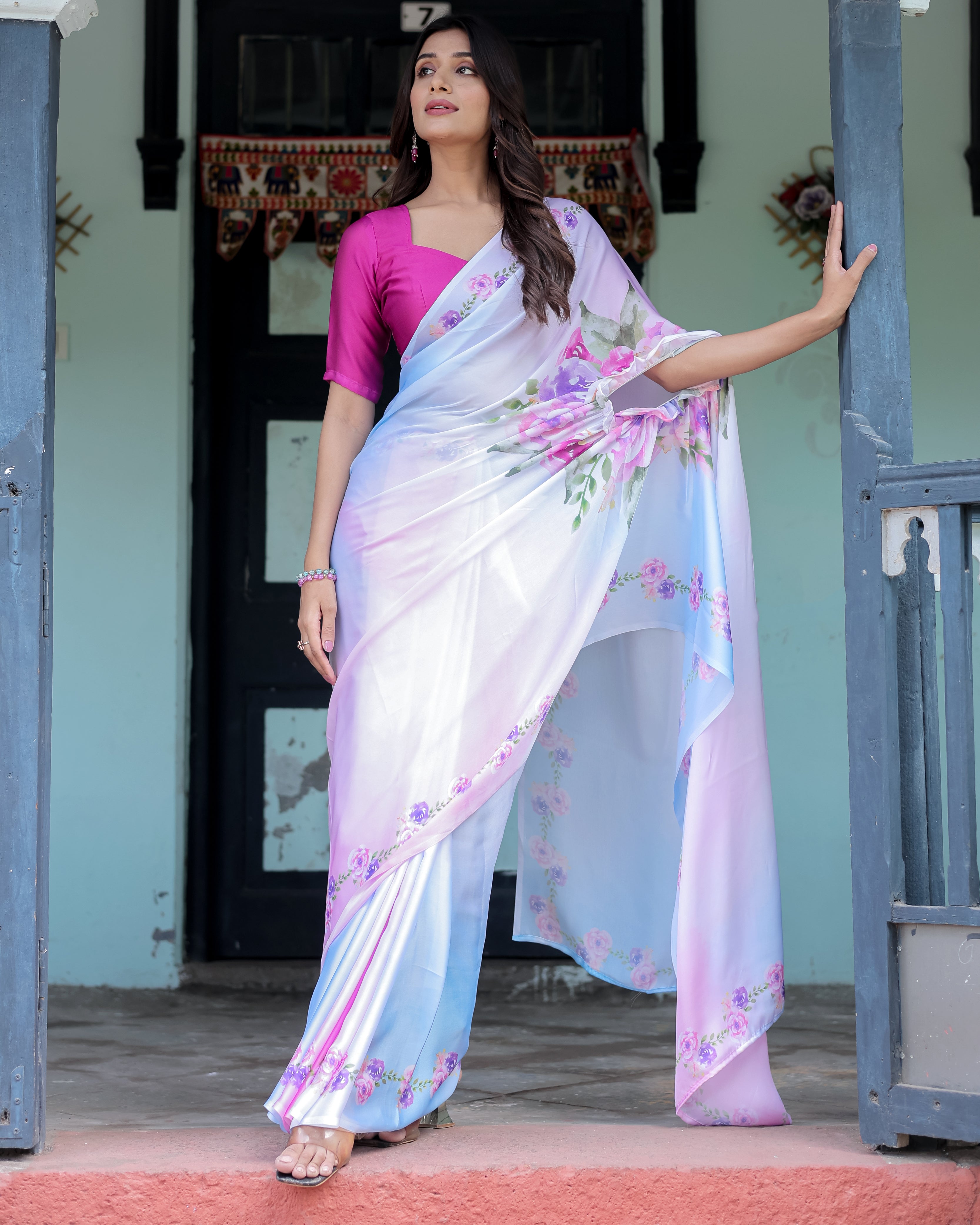 Pastel White Satin Georgette Saree with Purple Rose Floral Print & Rani Pink Blouse | Handsfree Pallu Design