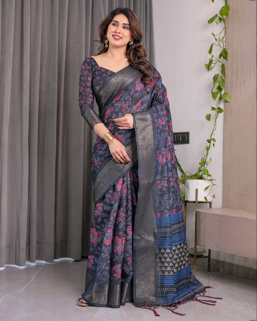 Navy Blue Handloom Linen Saree with Red Floral Print & Geometric Patterned Pallu | Antique Zari Border & Tassels | Attached Blouse | 5.5m Saree + 0.8m Blouse