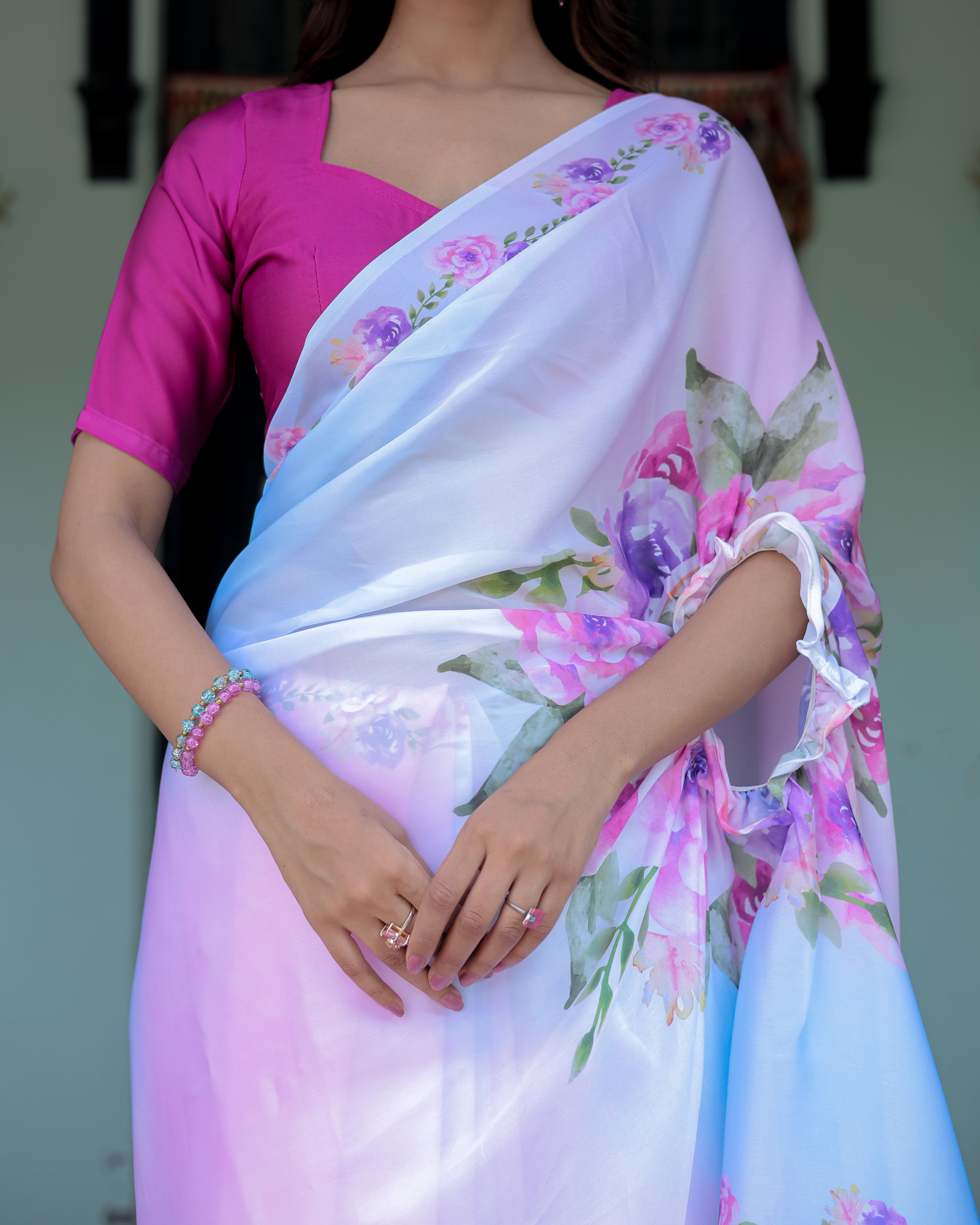 Pastel White Satin Georgette Saree with Purple Rose Floral Print & Rani Pink Blouse | Handsfree Pallu Design