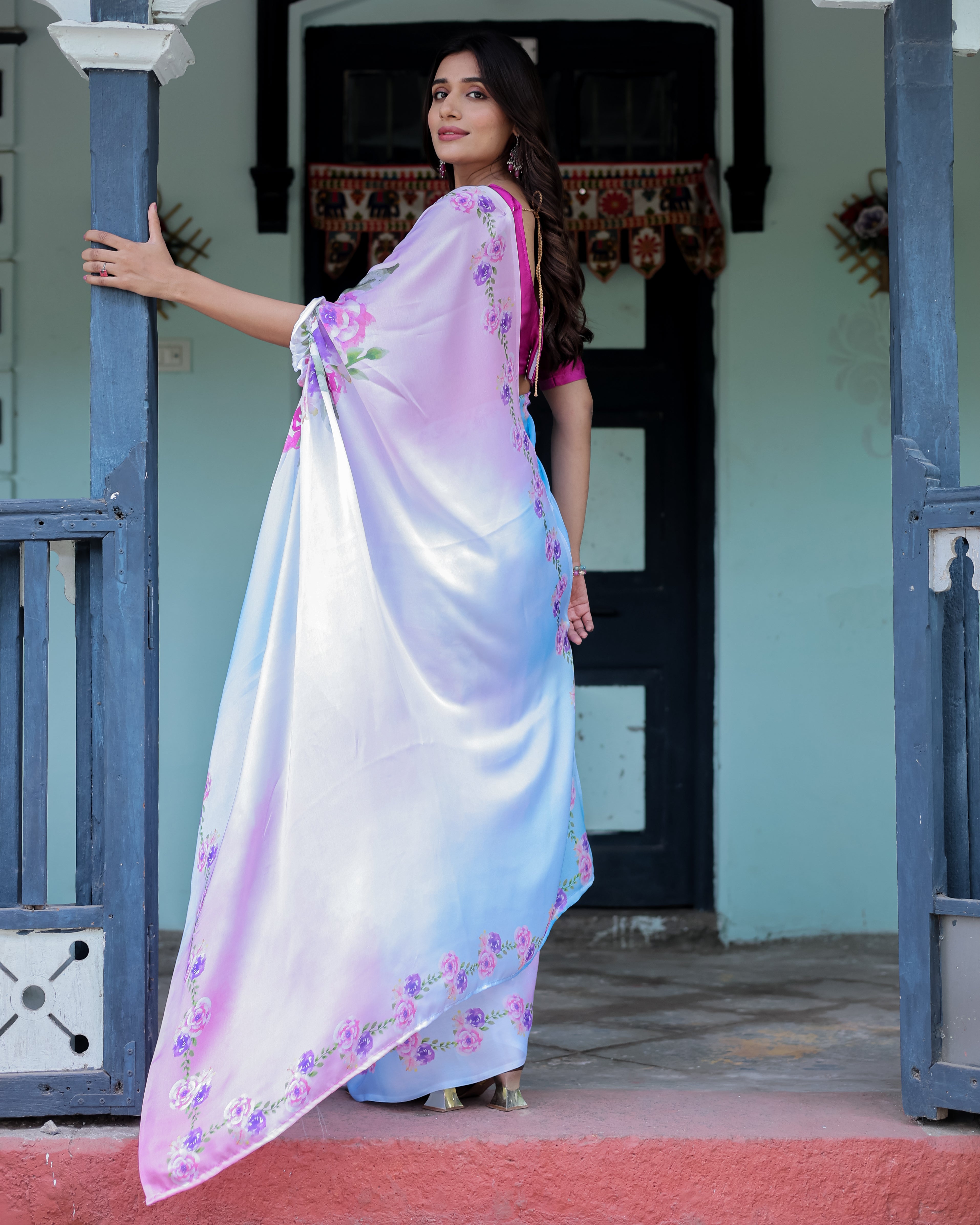 Pastel White Satin Georgette Saree with Purple Rose Floral Print & Rani Pink Blouse | Handsfree Pallu Design