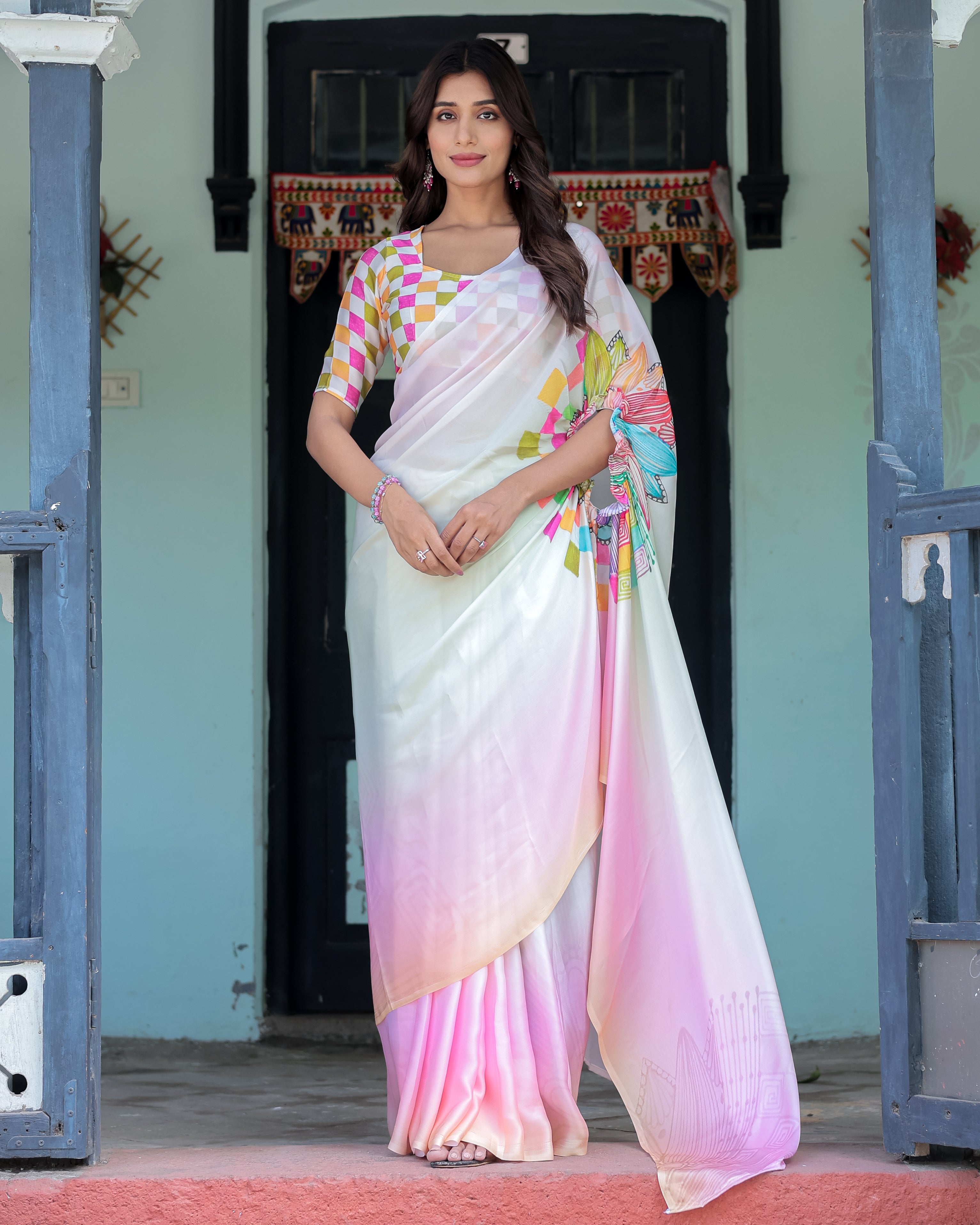 Blush Pink and White Ombre Satin Saree with Mandala Cutout Pallu & Fuchsia Blouse – Elegant Designer Drape