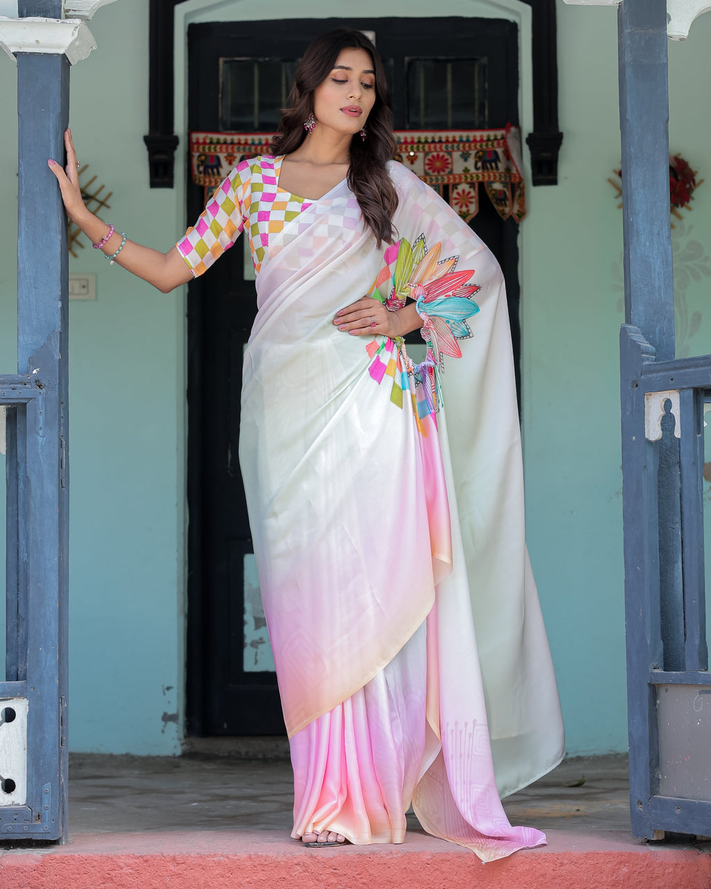 Blush Pink and White Ombre Satin Saree with Mandala Cutout Pallu & Fuchsia Blouse – Elegant Designer Drape
