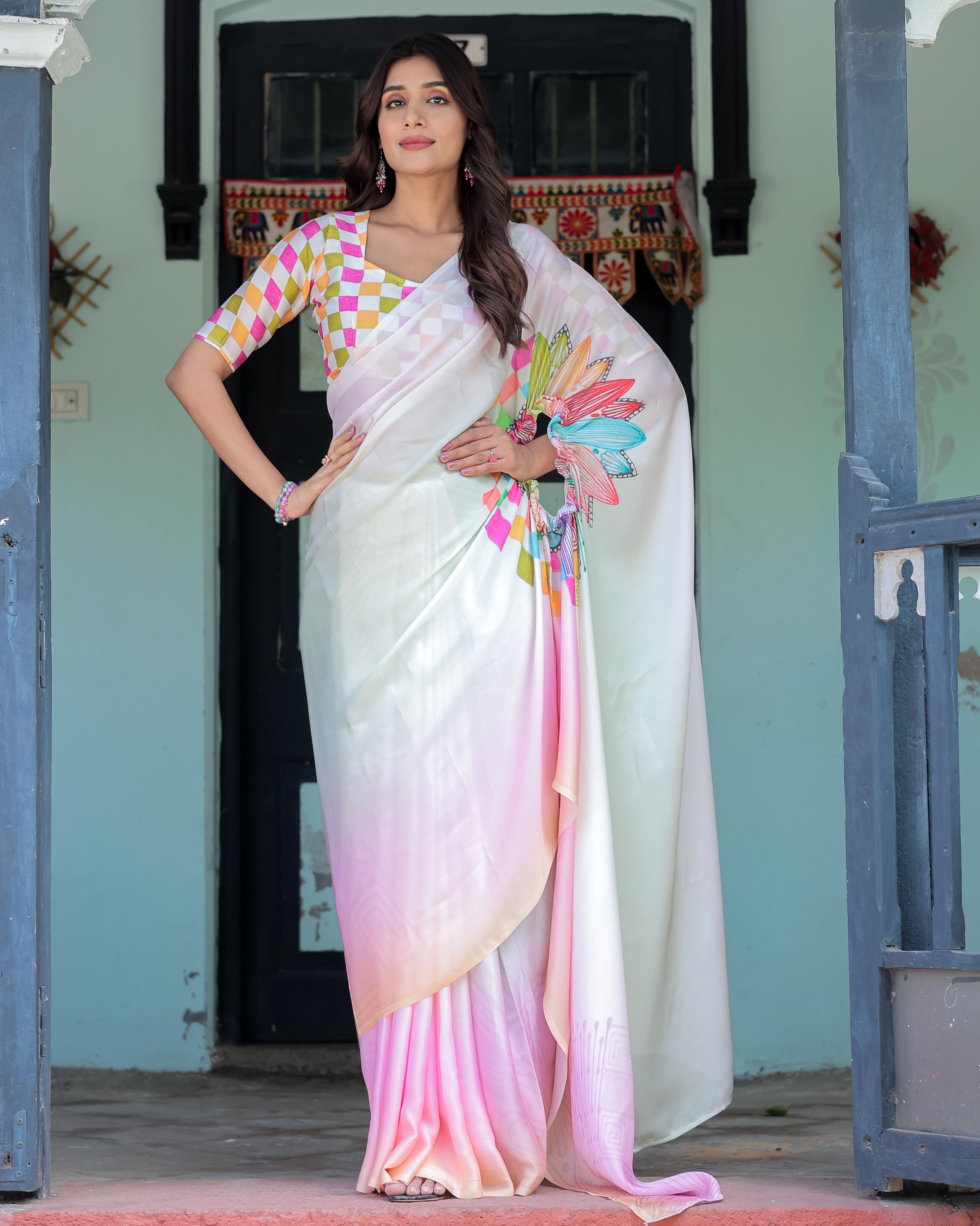 Blush Pink and White Ombre Satin Saree with Mandala Cutout Pallu & Fuchsia Blouse – Elegant Designer Drape