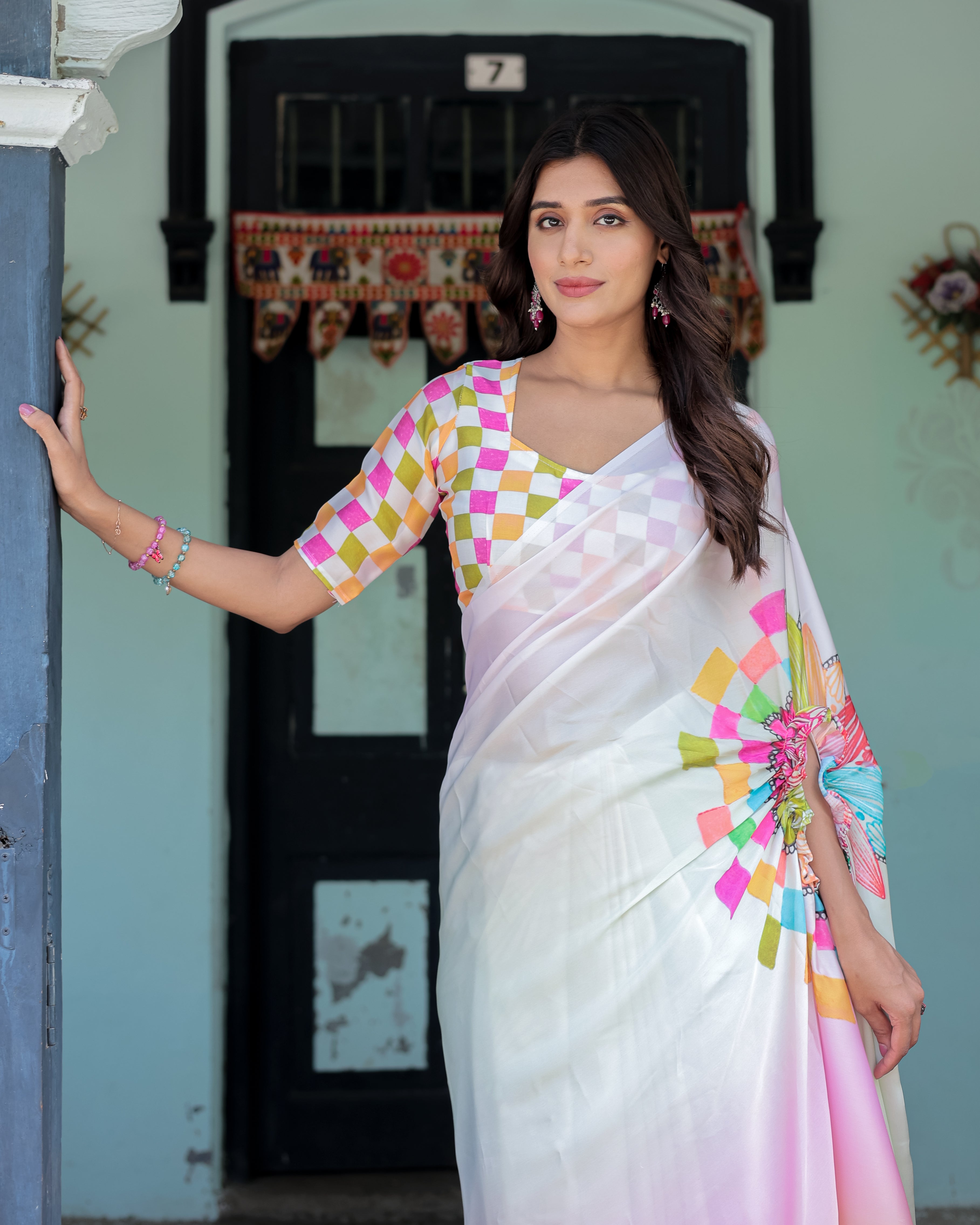 Blush Pink and White Ombre Satin Saree with Mandala Cutout Pallu & Fuchsia Blouse – Elegant Designer Drape