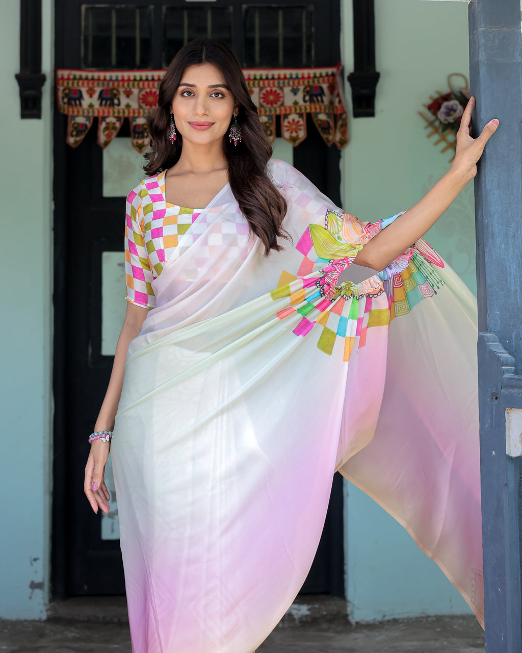 Blush Pink and White Ombre Satin Saree with Mandala Cutout Pallu & Fuchsia Blouse – Elegant Designer Drape