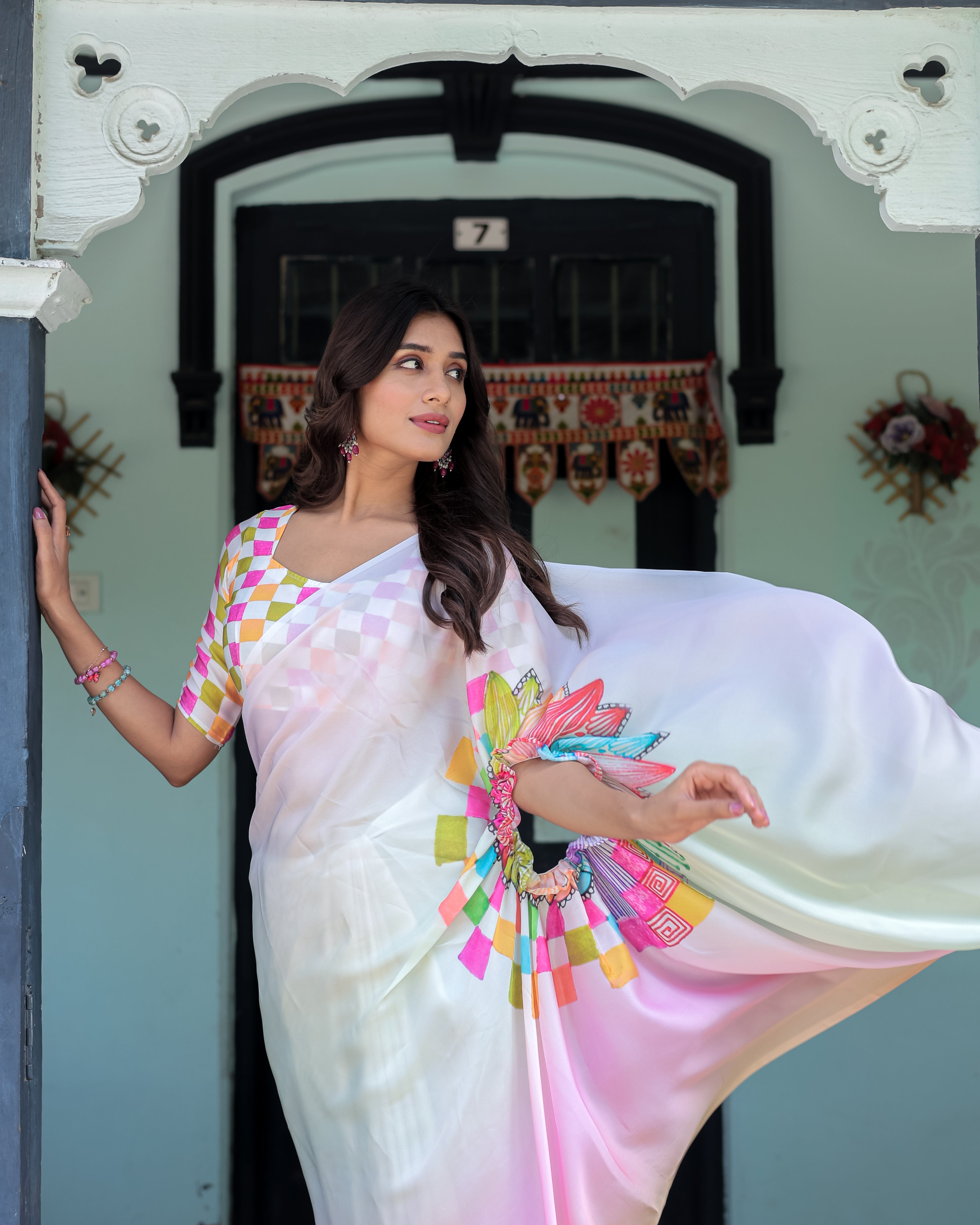 Blush Pink and White Ombre Satin Saree with Mandala Cutout Pallu & Fuchsia Blouse – Elegant Designer Drape