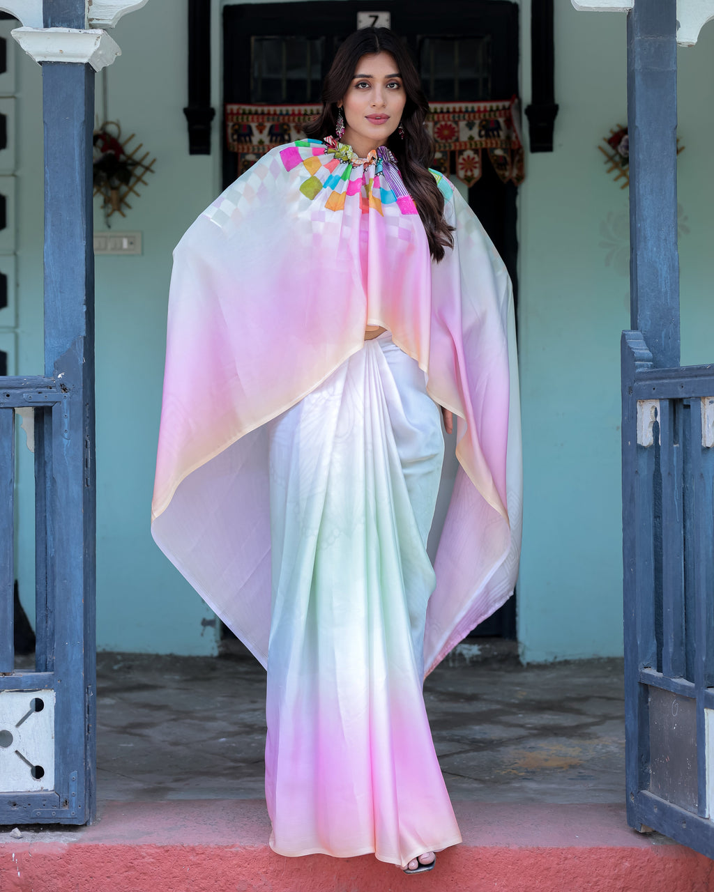 Blush Pink and White Ombre Satin Saree with Mandala Cutout Pallu & Fuchsia Blouse – Elegant Designer Drape