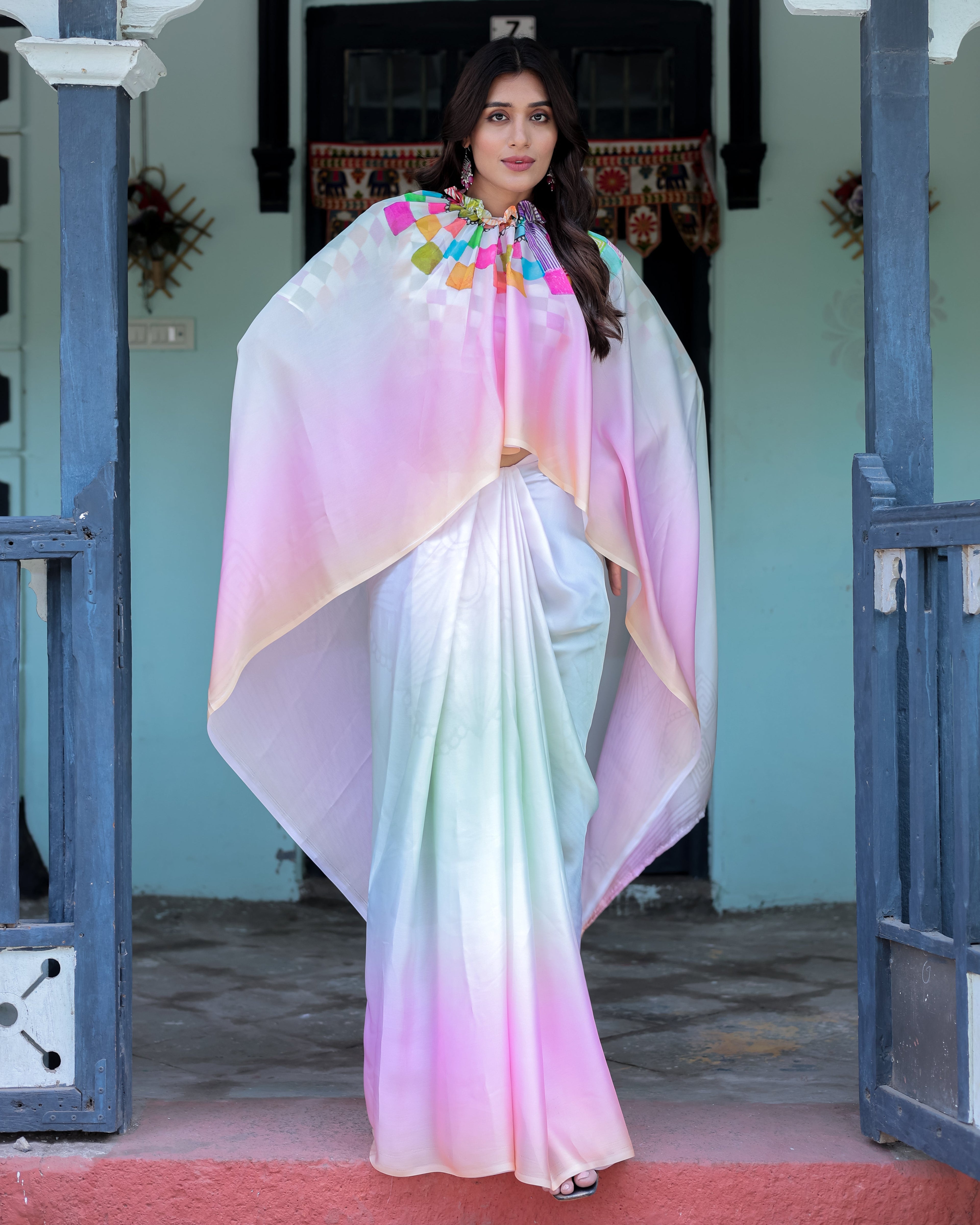 Blush Pink and White Ombre Satin Saree with Mandala Cutout Pallu & Fuchsia Blouse – Elegant Designer Drape