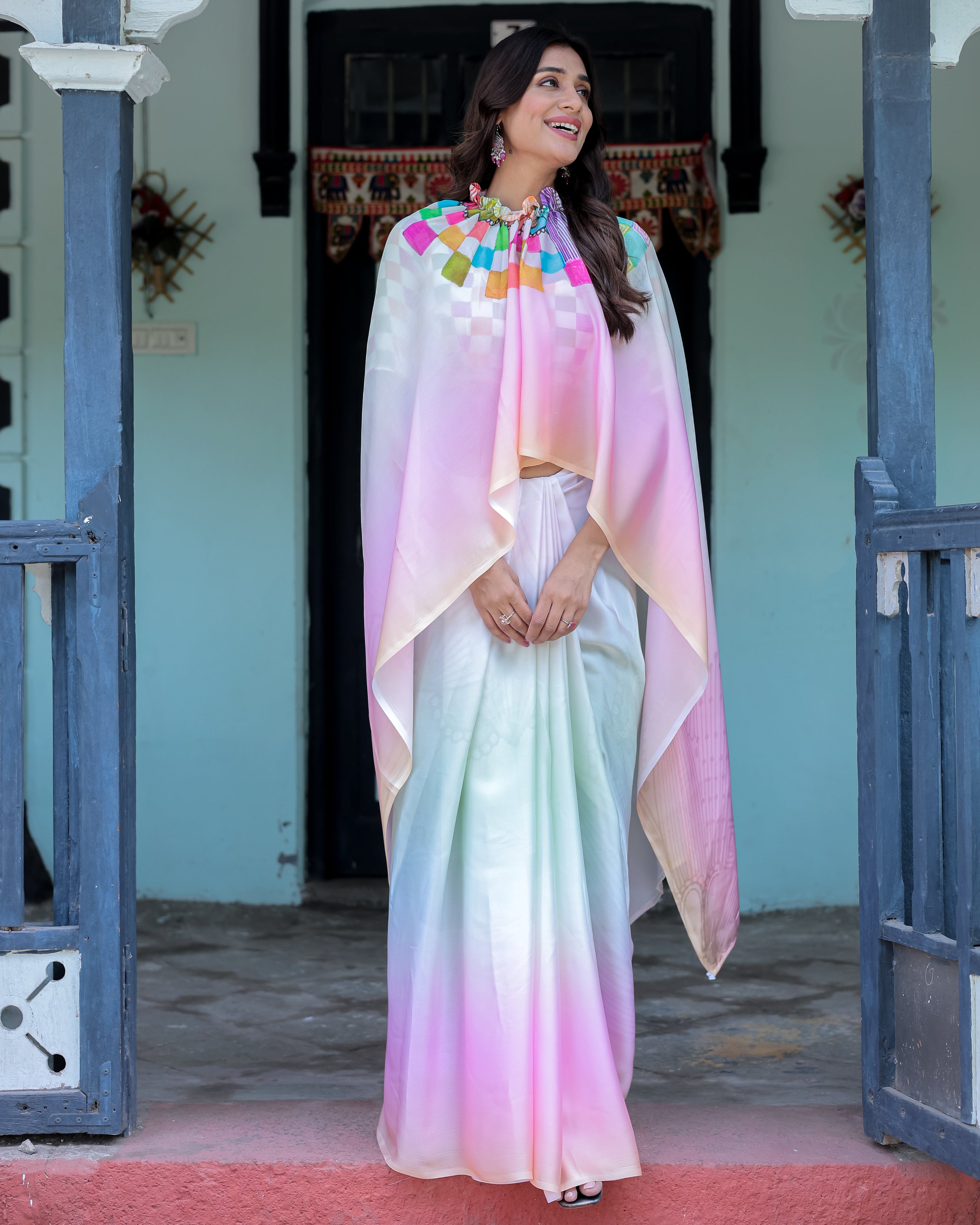 Blush Pink and White Ombre Satin Saree with Mandala Cutout Pallu & Fuchsia Blouse – Elegant Designer Drape