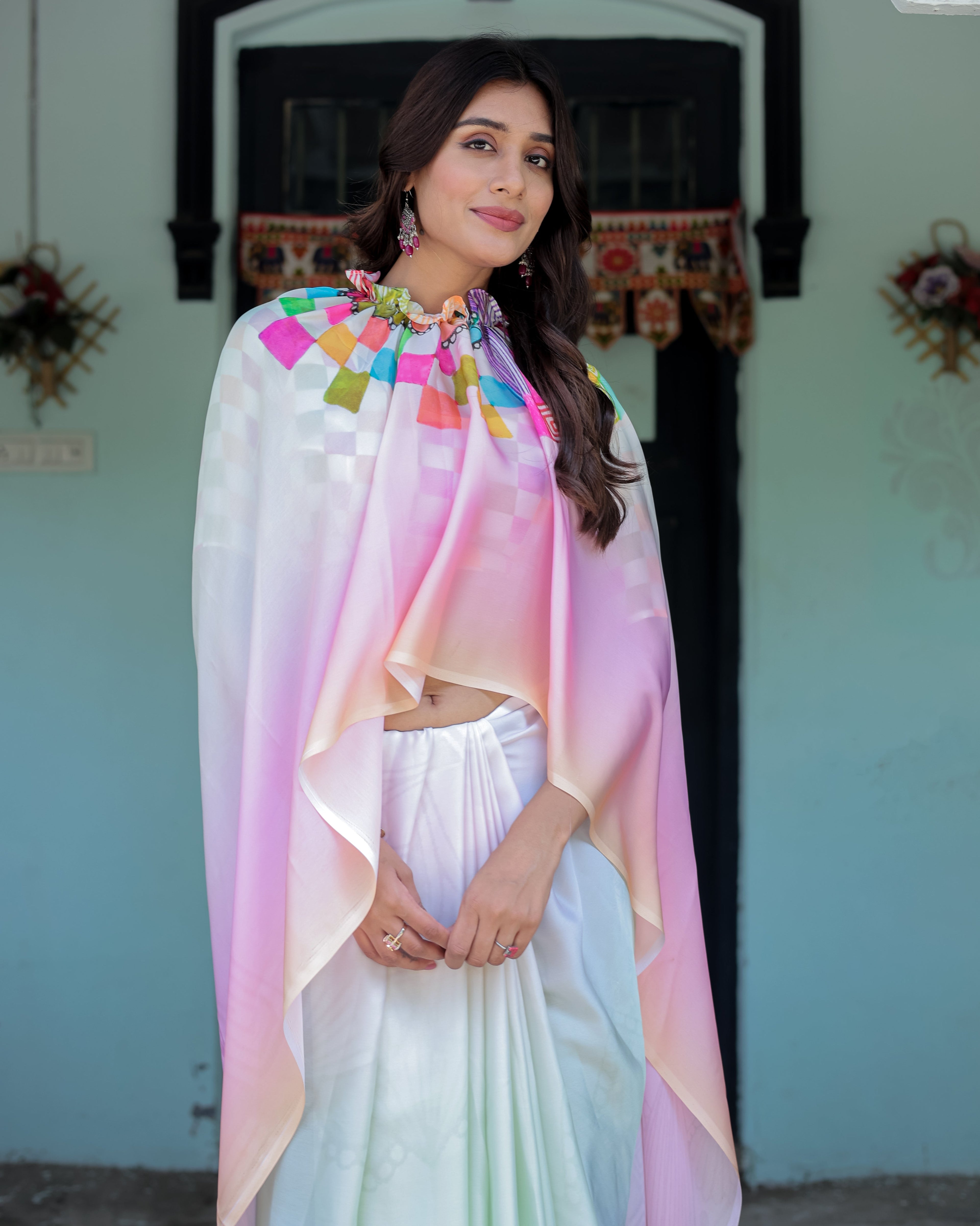 Blush Pink and White Ombre Satin Saree with Mandala Cutout Pallu & Fuchsia Blouse – Elegant Designer Drape