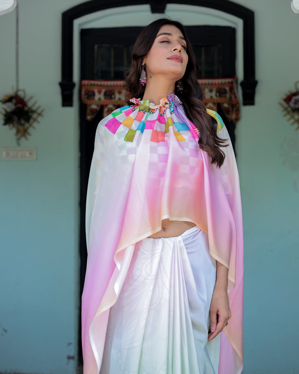 Blush Pink and White Ombre Satin Saree with Mandala Cutout Pallu & Fuchsia Blouse – Elegant Designer Drape