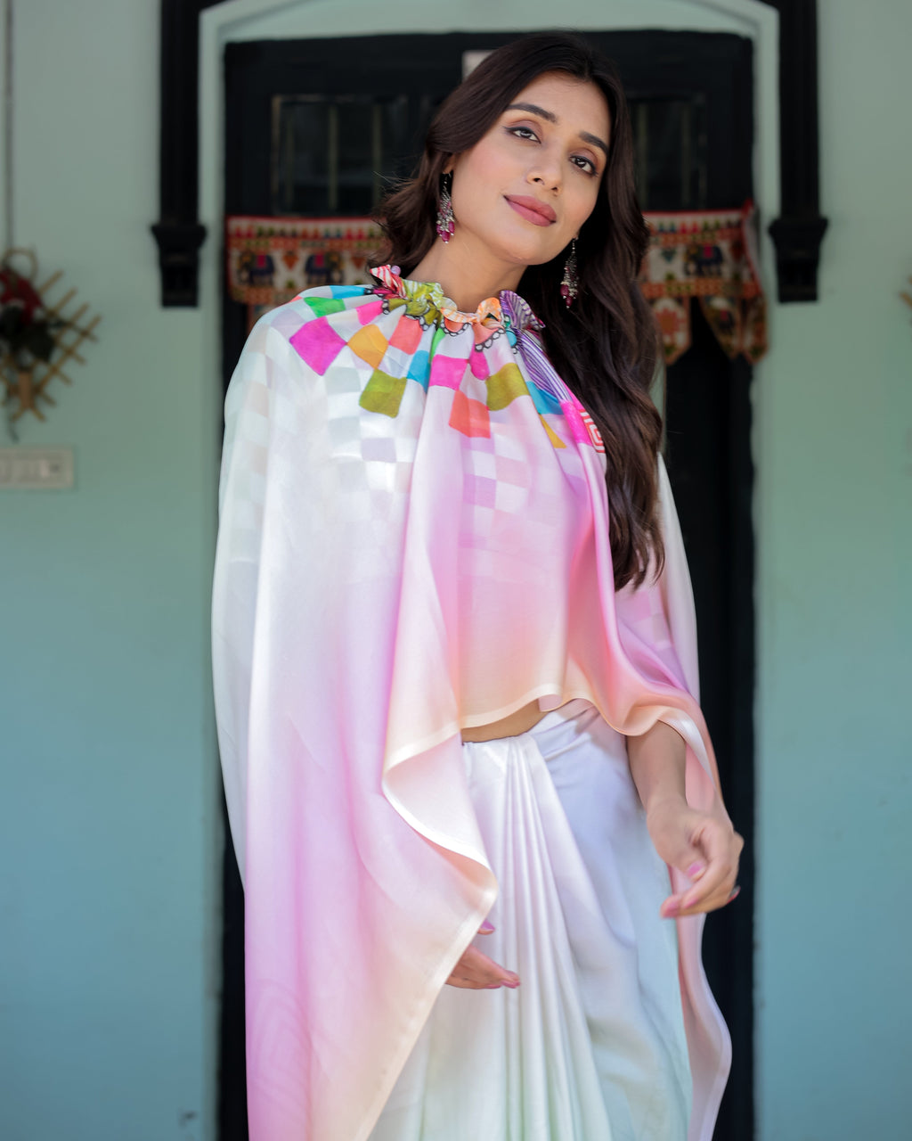 Blush Pink and White Ombre Satin Saree with Mandala Cutout Pallu & Fuchsia Blouse – Elegant Designer Drape