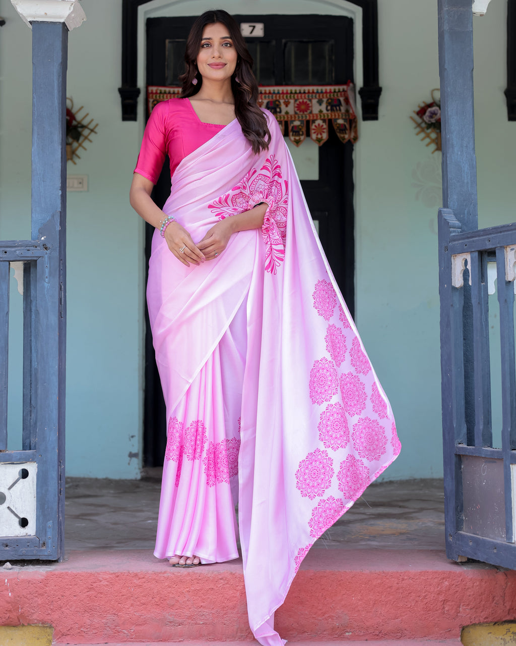 Elegant Baby Pink Satin Feel Saree with Mandala Print & Hot Pink Blouse – Designer Partywear Saree with Attached Blouse Piece