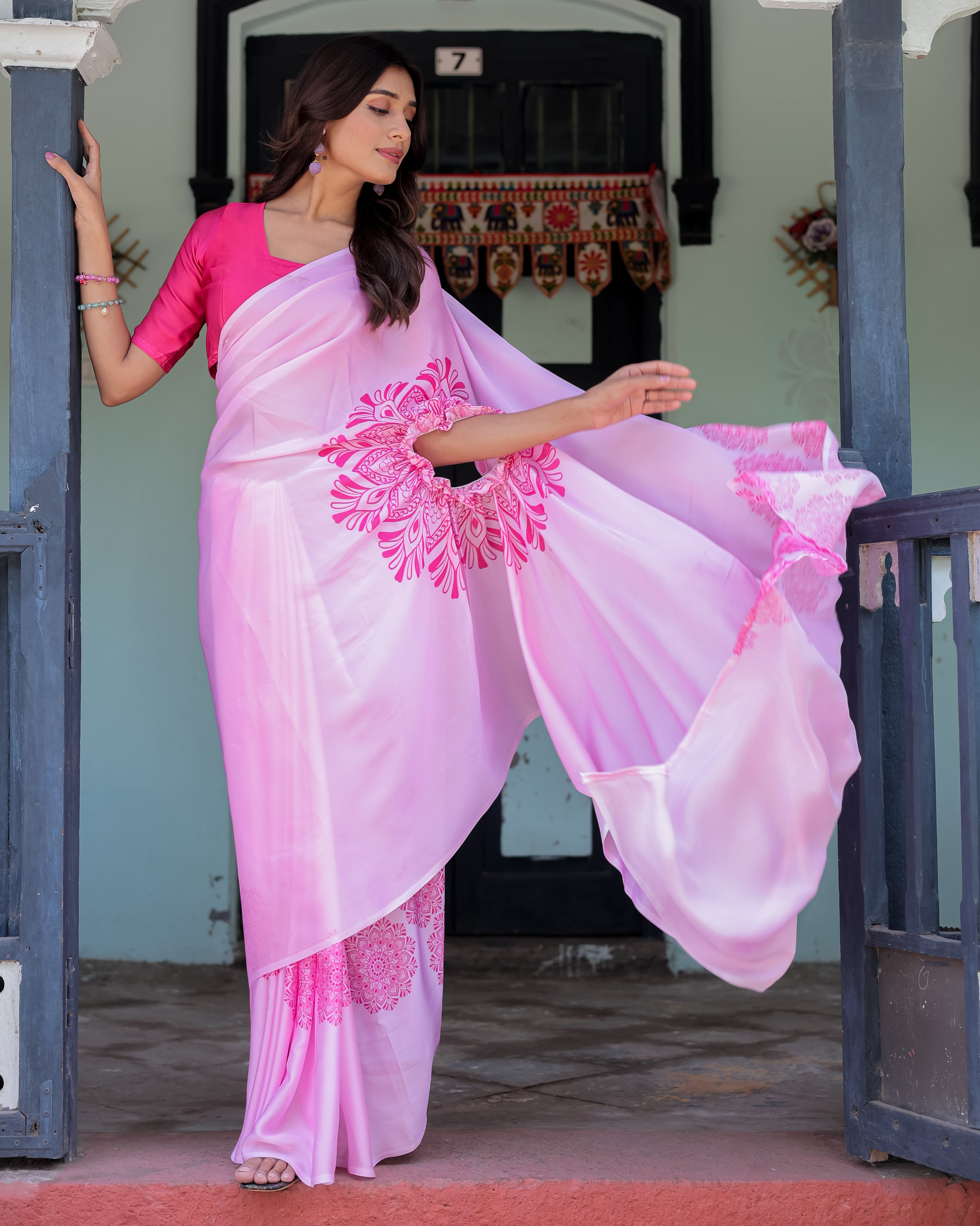 Elegant Baby Pink Satin Feel Saree with Mandala Print & Hot Pink Blouse – Designer Partywear Saree with Attached Blouse Piece
