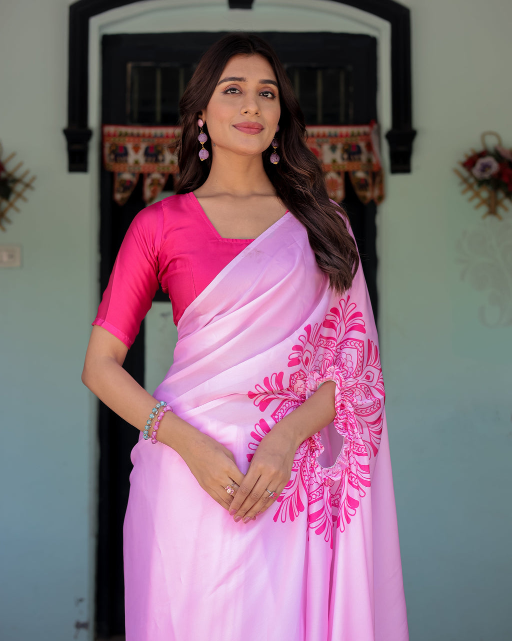 Elegant Baby Pink Satin Feel Saree with Mandala Print & Hot Pink Blouse – Designer Partywear Saree with Attached Blouse Piece