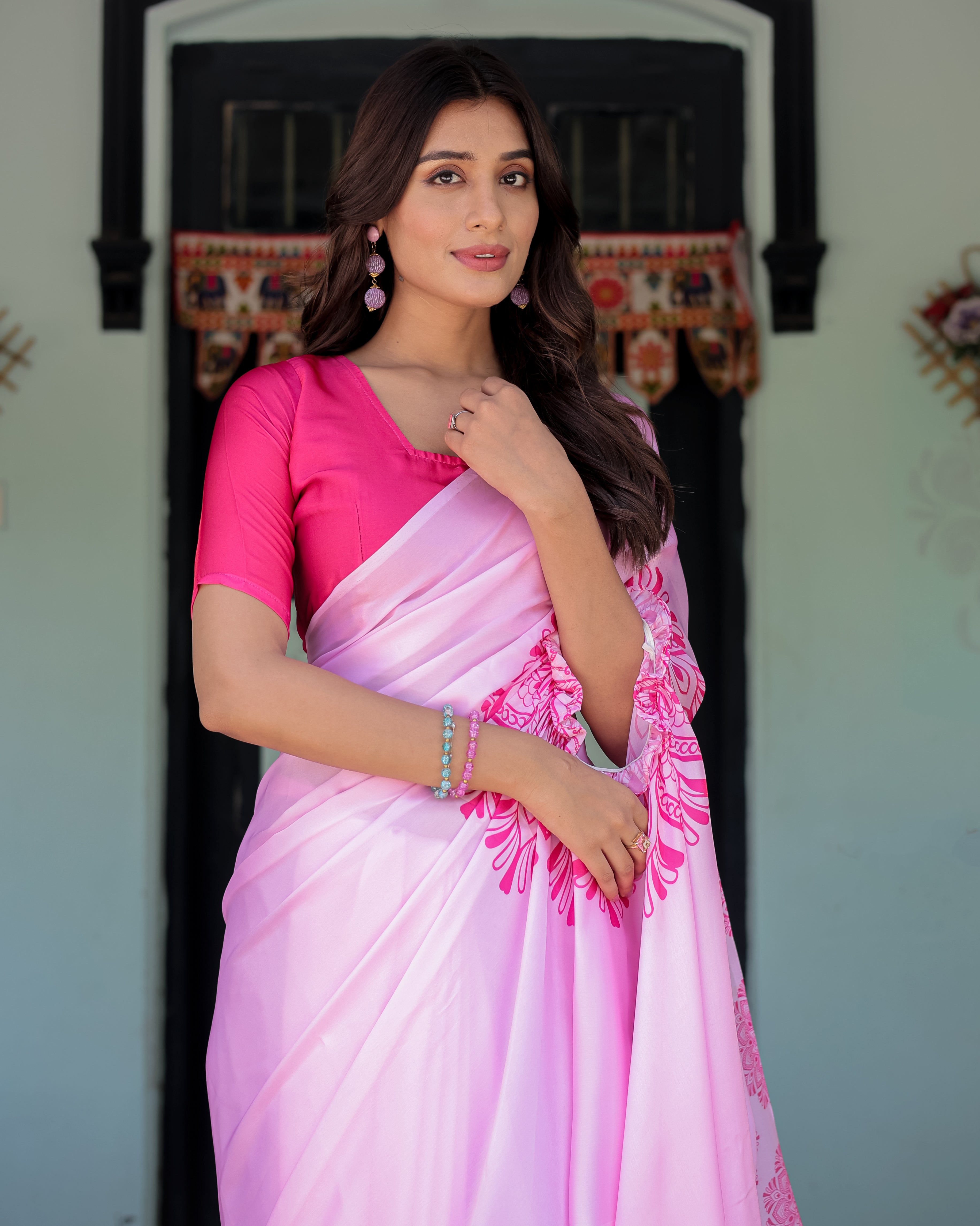 Elegant Baby Pink Satin Feel Saree with Mandala Print & Hot Pink Blouse – Designer Partywear Saree with Attached Blouse Piece